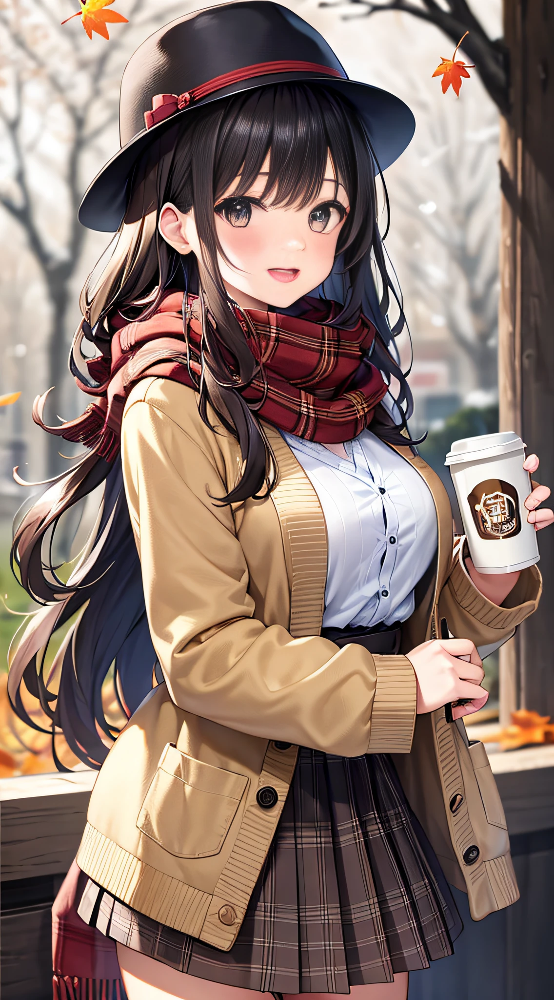 1girl, (\:d:1.0) autumn leaves, bangs, black tiara, blurred background, blush, brown eyes, brown hair, brown scarf, brown skirt, cardigan, coffee, denim photo, mug, disposable cup, drink, fallen leaves, hat, holding, holding a drink, leaves, long hair, long sleeves, looking at the audience, opening cardigan, opening mouth, plaid , plaid skirt, fluffy long sleeves, red sweater, scarf, shirt, shirt tucked in, side lock, skirt, smile, solo, sweater, white shirt, Very detailed, intricate, masterpiece, ridiculous