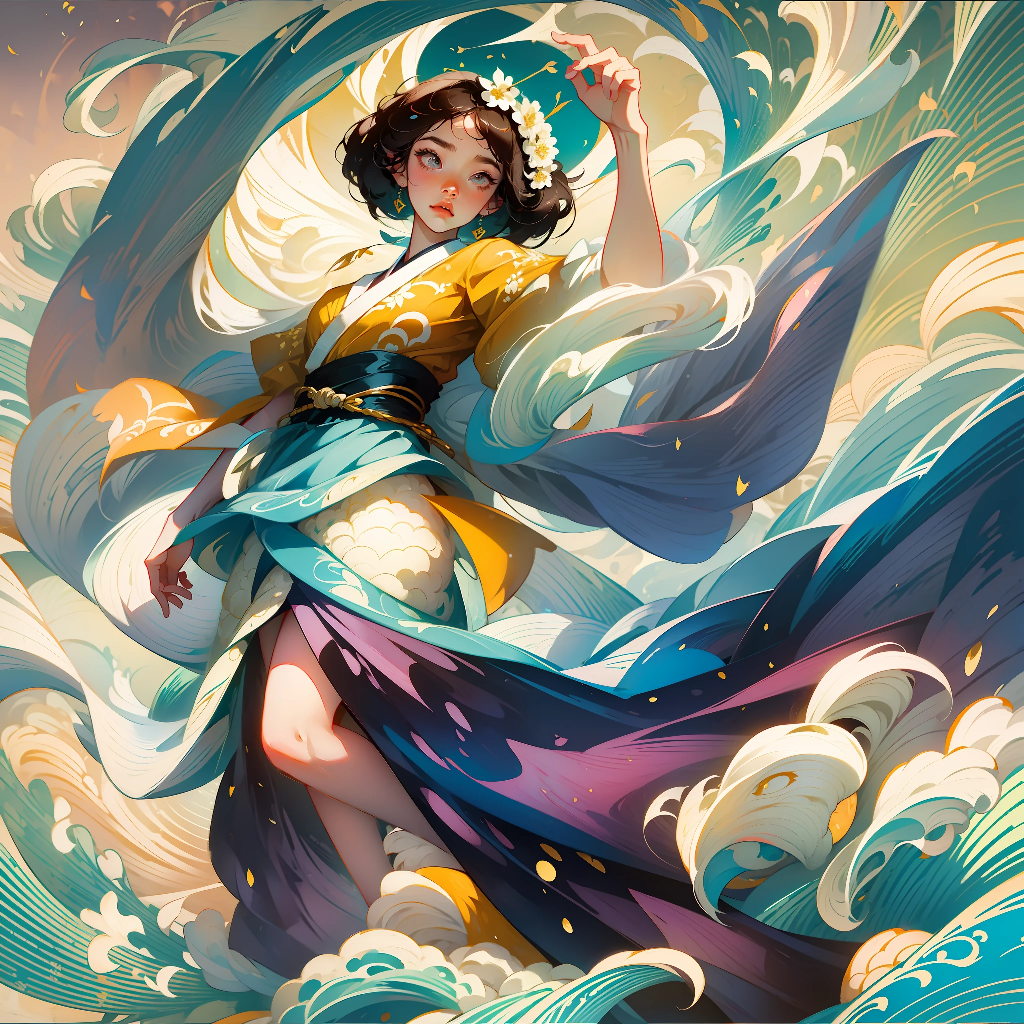 Vietnamese girl, primary colors with white highlights, half tone, close-up portrait, hair blown by the wind, Hokusai wave background, ukiyo-e style by Tomer Hanuka and Atey Ghailan and Roy Lichtenstein and Maxfield Parrish, expressive, in the style of official art, gorecore, koi fish and avian-themed, dark yellow and light black, oshare kei, full body.Vector, Cell shade, --auto --s2