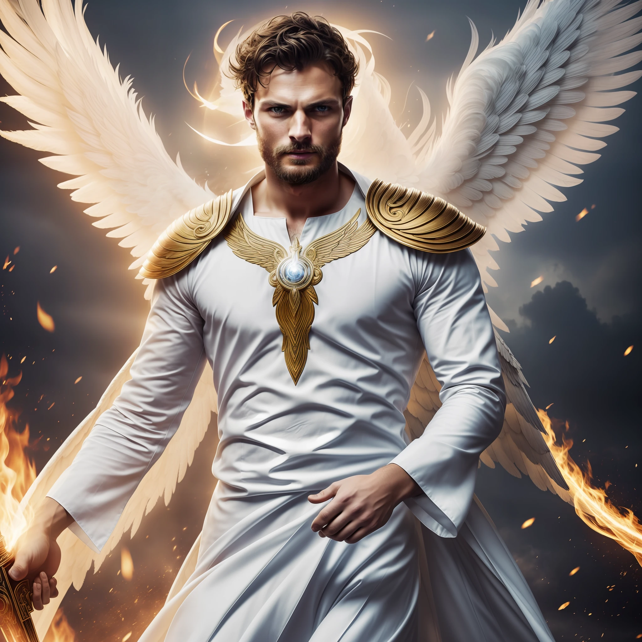 Seraphim on fire with large wings of feathers bracas, large white wings, white tunic, around heavenly flames, Jamie Dornan, eyes of light, wearing short black beard, wearing Golden Crown, focus on the details of the face, coming out happy rays, serious and attractive man, wearing white tunic, magical and real effect, film cover, with magical bursts of light, Powerful celestial warrior, similar to actor Jamie Dornan, dark black image background, (8k, RAW photo, best quality, masterpiece: 1.2), (realistic, photorealistic: 1.37), professional lighting.