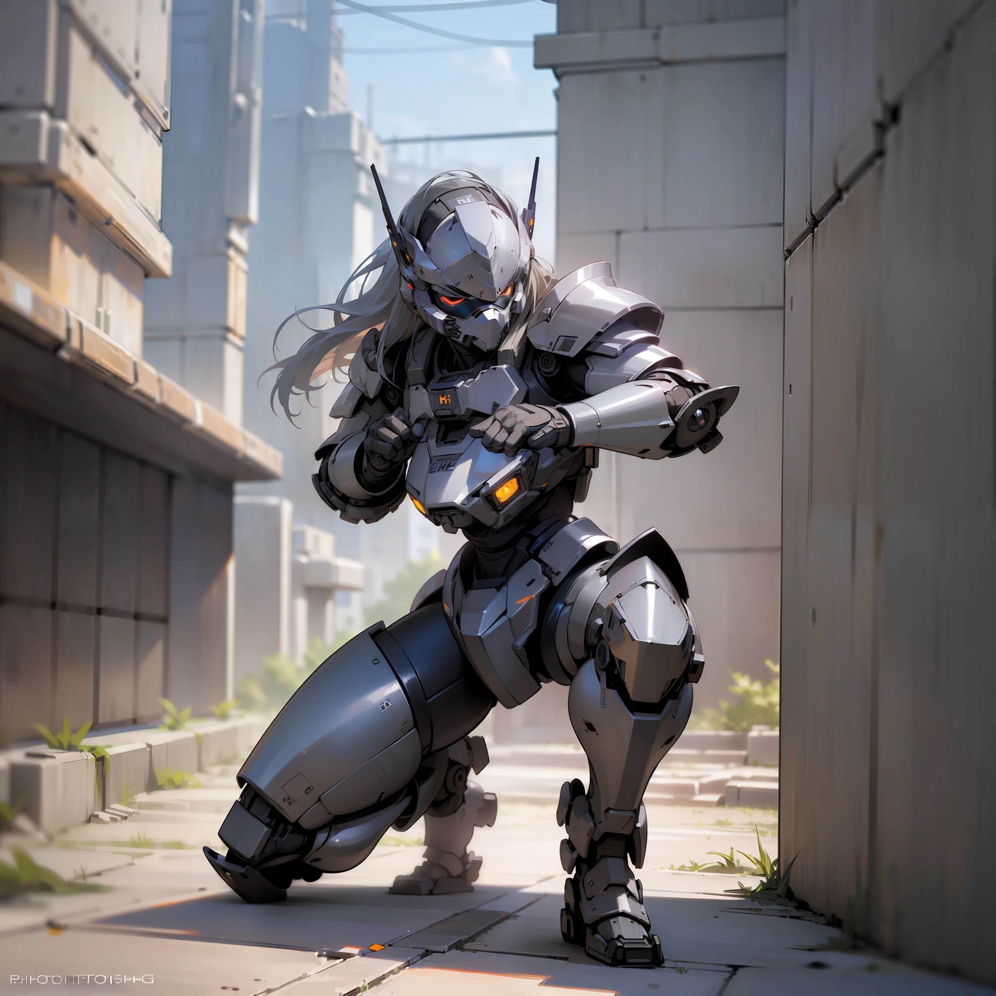 masterpiece, Best quality, (Photorealistic:1.9), Beautiful lighting, (Highly detailed CG Unity 4k FHD wallpaper), Realistic, High Detail, Sharp Focus, Outdoors, Science Fiction, (((1 girl, solo,)))), 18 years old, long-haired, (gray-haired), metal armored dress, mask, metal armored mask, cyber gun (gun), full body, hiqcgbody, power armor, combat stance, combat, full face, helmet,