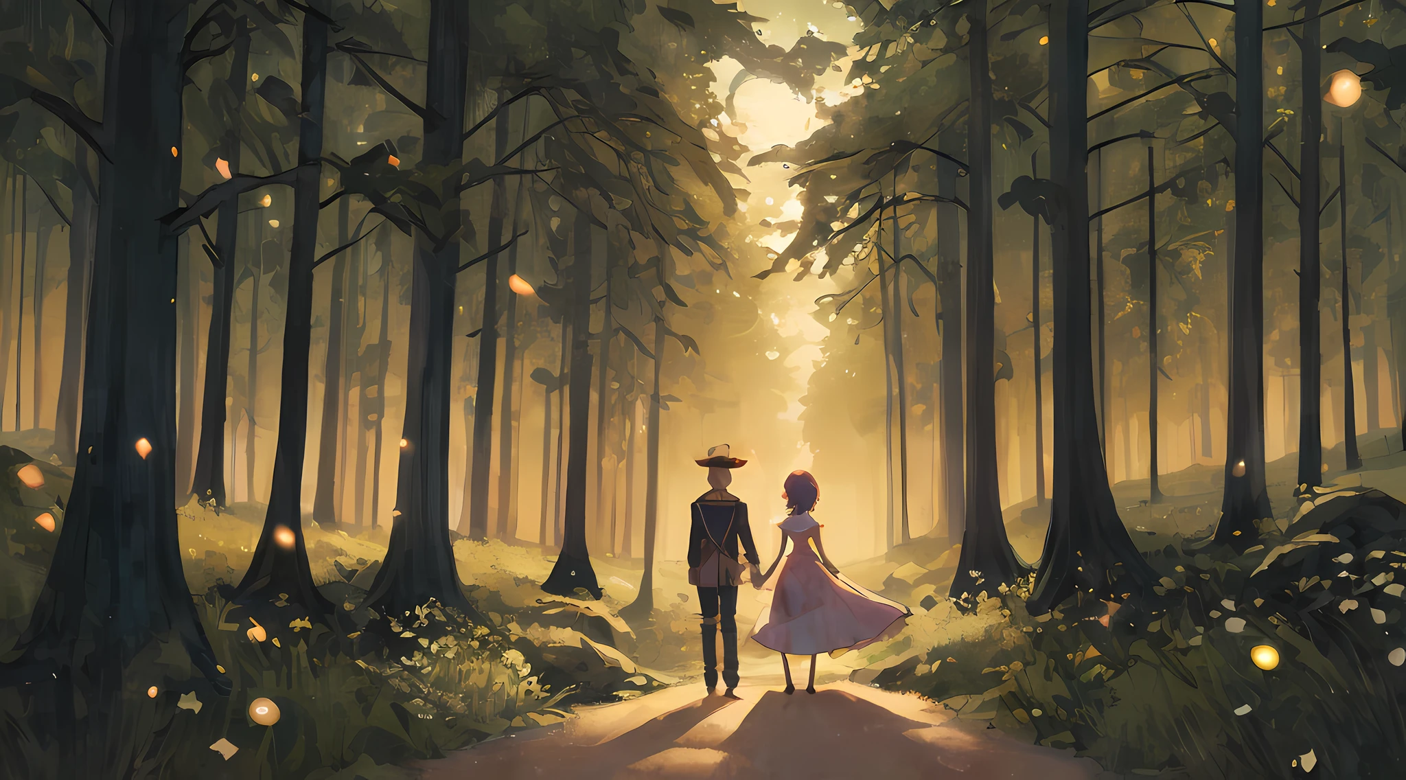 (Best quality),(masterpiece),(ultra detailed),(high detailed),(extremely detailed)"Twilight Serenade" Subject: An enchanting anime scenery featuring a serene twilight setting in a mystical forest Camera Equipment: - Camera: Mirrorless camera with exceptional low-light performance - Lens: Prime lens (e.g., 35mm) for capturing detailed scenery and characters - Tripod: Sturdy tripod for stability during long exposures Settings: - Aperture: f/2.8 for shallow depth of field and soft bokeh - Shutter Speed: 1/15 seconds for capturing the gentle motion and preserving details - ISO: 400 for balancing image brightness and noise control in low-light conditions Lighting: - Soft, diffused twilight lighting with a hint of warm hues - Subtle illumination from the moon and stars, casting a gentle glow on the scene - Specks of magical light, reminiscent of fireflies, dancing around the forest Composition: - Perspective: Eye-level or slightly elevated view to immerse the viewer in the scene - Focal Point: A clearing in the forest with a picturesque backdrop - Framing: Overhanging tree branches and foliage framing the scene Color Palette: - Muted and atmospheric colors with a blend of cool and warm tones - Hints of purples, blues, and pinks to capture the twilight ambiance - Soft greens and earthy tones for the forest elements Mood: - Tranquil and peaceful atmosphere, evoking a sense of calm and introspection - A touch of mystery and wonder, as if entering a hidden realm - Melancholic yet serene, conveying a bittersweet beauty Style: - Anime-inspired with intricate character designs and expressive facial features - Emphasis on the natural surroundings, portraying lush vegetation and detailed textures - Soft and painterly aesthetics, enhancing the dreamlike quality of the scene Additional Elements: - Characters: Young couple holding hands, their silhouettes blending with the surroundings - Luminescent flowers or mushrooms scattered across the forest floor, emitting a soft glow