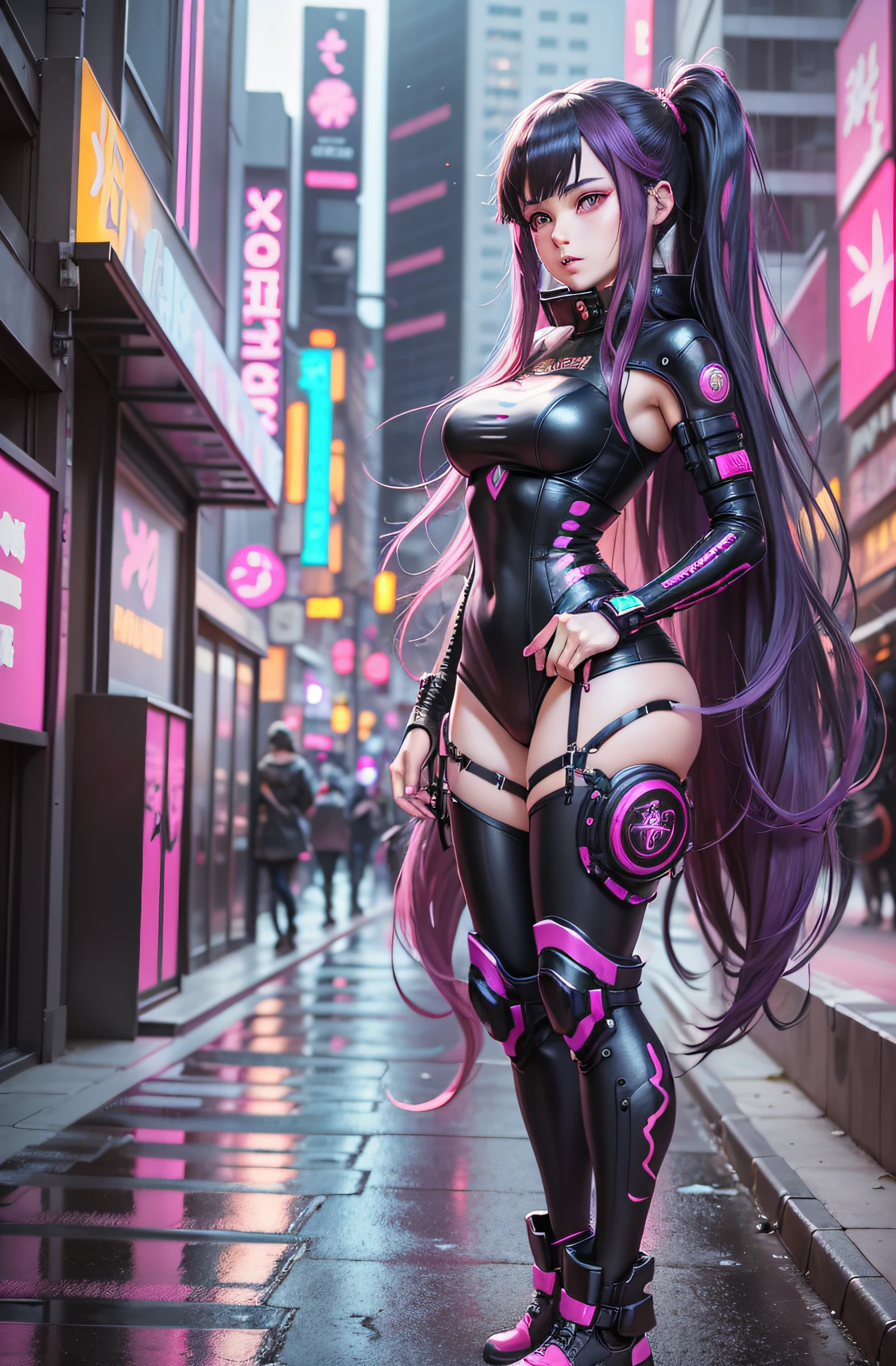 Beautiful woman with pink and black long hair posing on city street, anime style mixed with Fujifilm, cyberpunk anime girl, surreal cyberpunk style, anime style. 8K, cyberpunk style, surreal, Akihabara style, realistic anime 3D style, digital cyberpunk - anime art, purple and black clothes --auto --s2