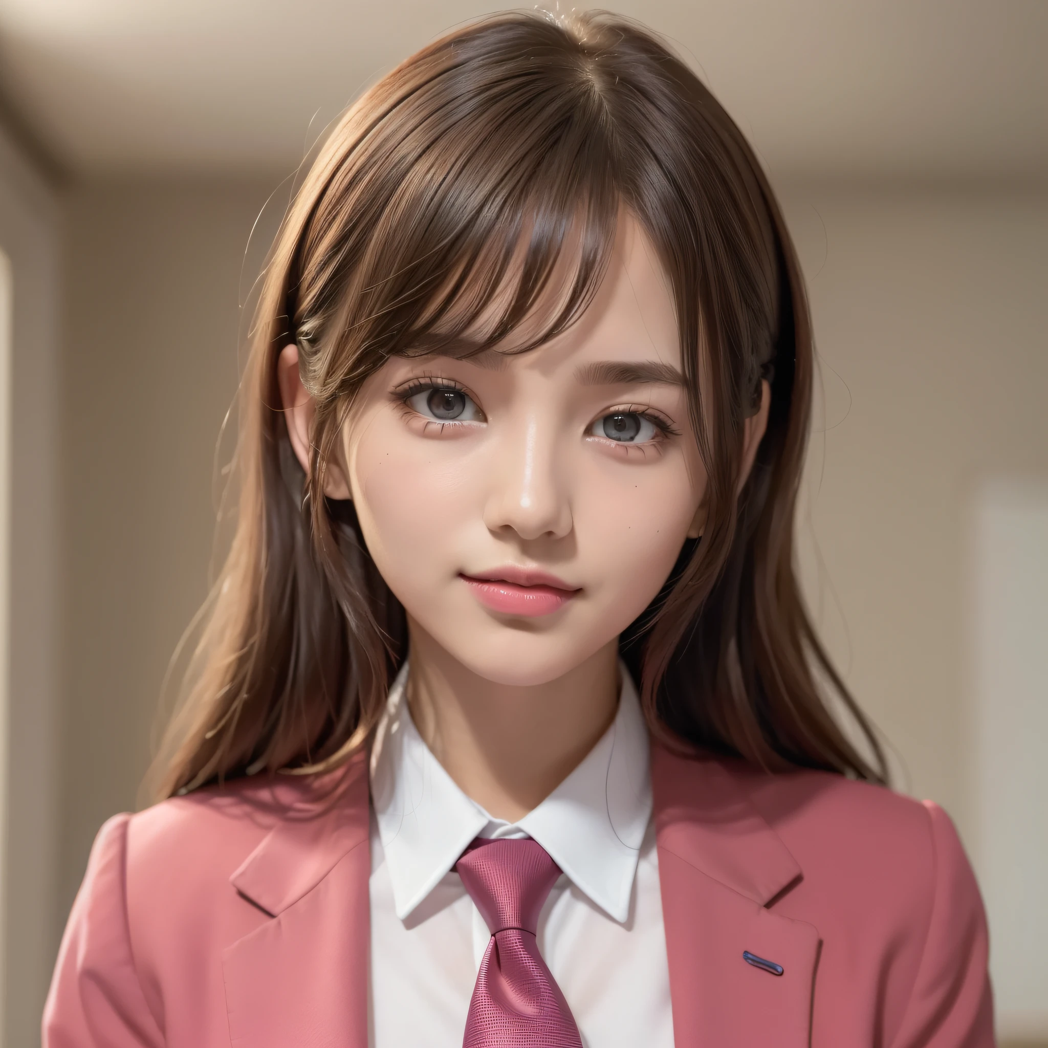 ((Top Quality, 8K, Masterpiece: 1.3)), 1 Girl, Slim, (Hairstyle Casual, Big: 1.2), (Pink Y-shirt, Red Tie, Dark Blue Blazer: 1.2), Ultra Slender Face, Delicate Eyes, Double Eyelids, Smile, (Classroom: 1.0)