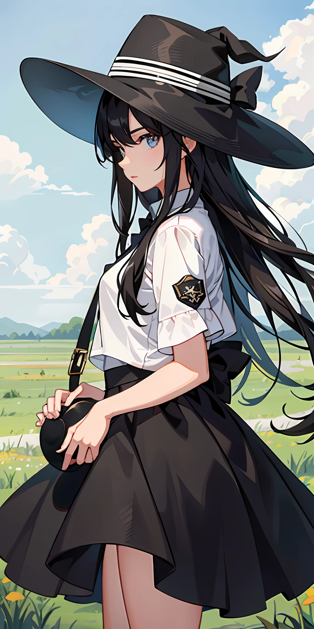 1girl, black hair, wearing a black hat, on the prairie