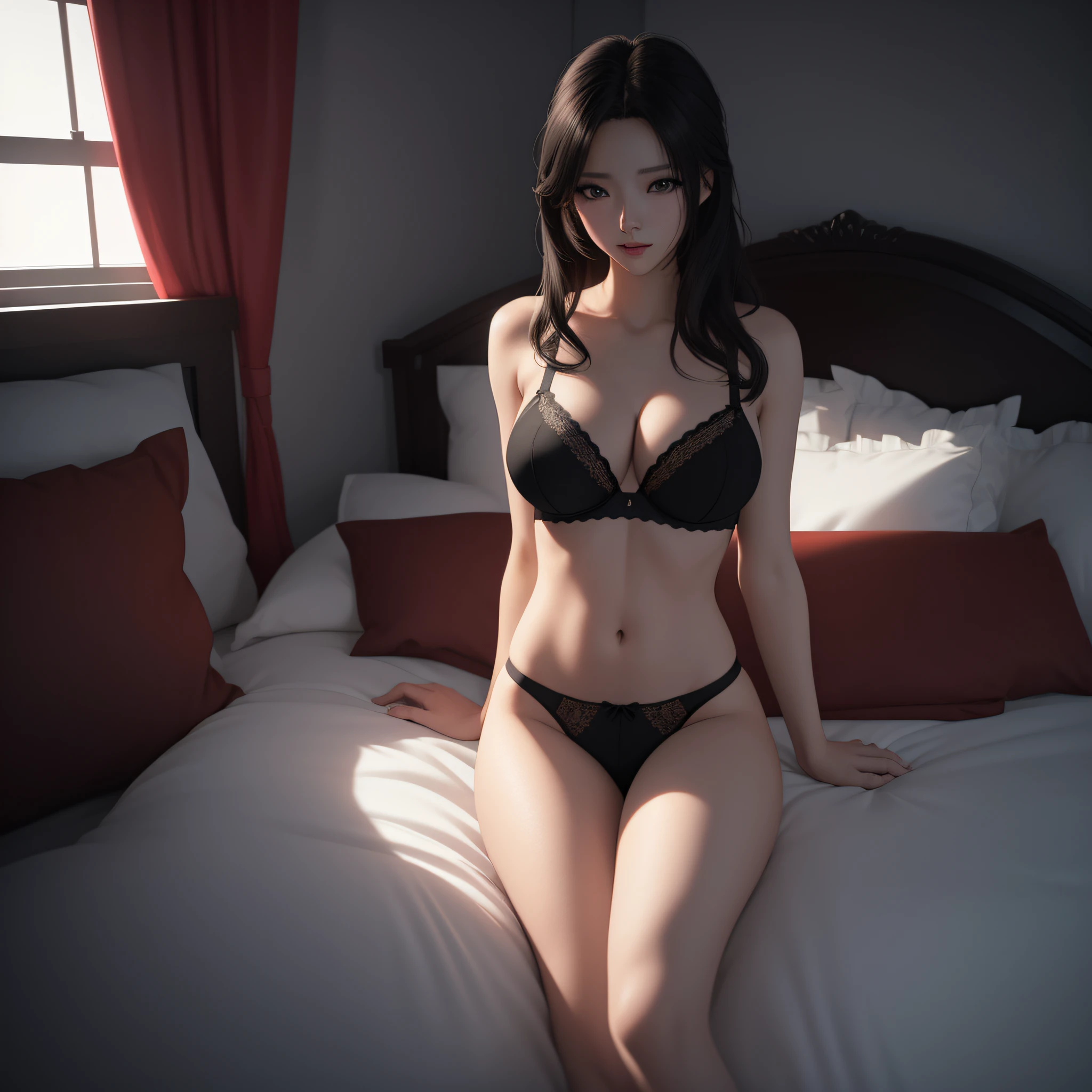 there is a woman in a black bra and panties posing on a bed, 8 k sensual lighting, photorealistic anime girl render, realistic soft lighting, photorealistic perfect body, seductive anime girl, 3 d anime realistic, highly detailed soft lighting, beautiful alluring anime woman, [ 4 k photorealism ]!!, with photorealistic lighting, sexy pose