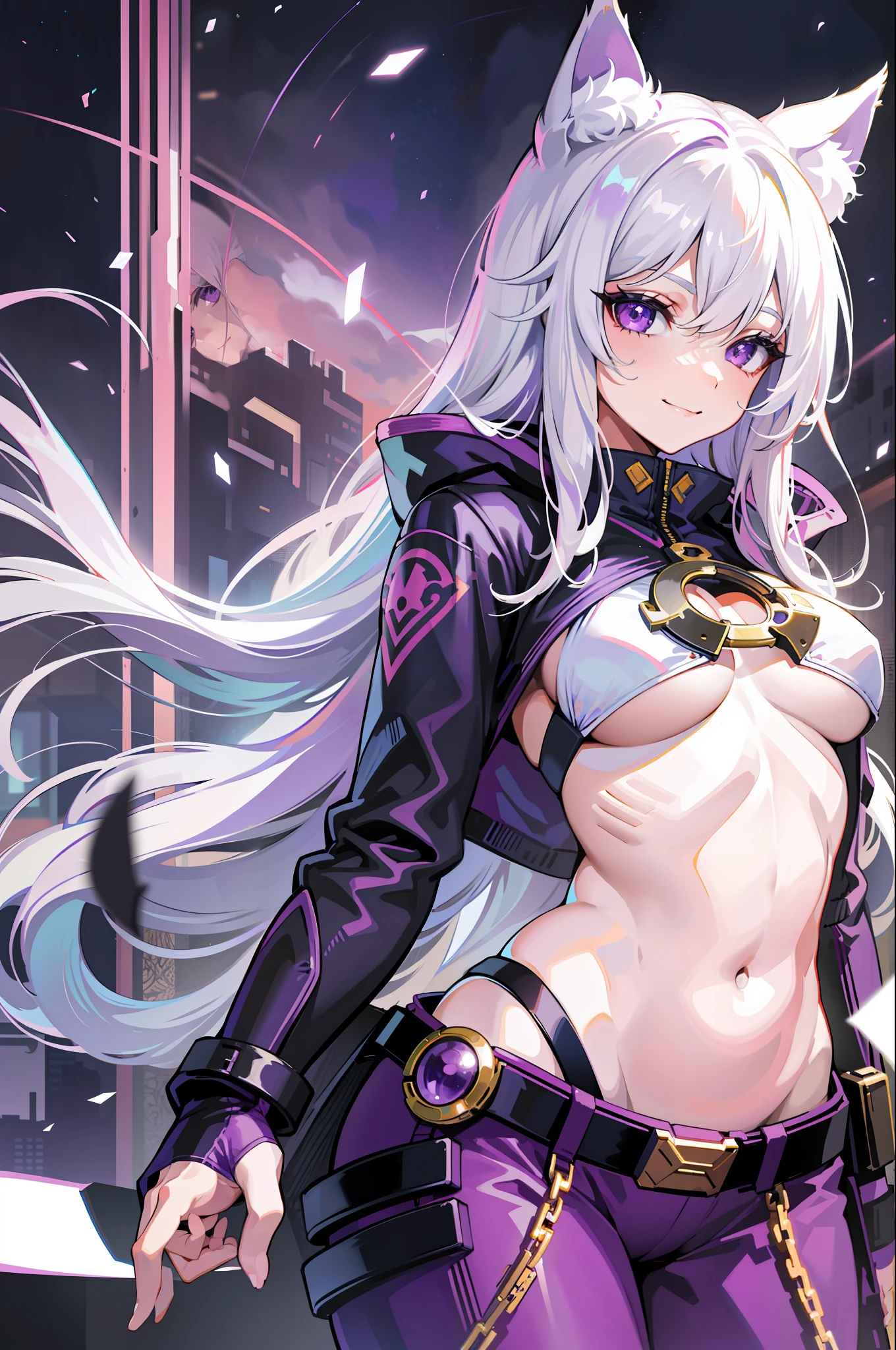 Young girl, long white hair, purple eyes, cat ears, smirk, superhero form, pants, open belly, inner sideboob, masterpiece, high quality