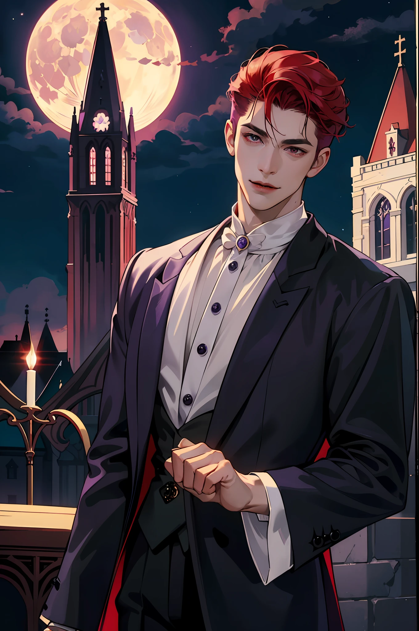 This is what a real Vampire looks like! Antique vampire clothes, elegant, gentlemanly. He is smiling friendly, his red hair is vivid, his red eyes shine against his perfect skin. In the background a purple church window, with moonlight reflecting behind. All this is in a beautiful and dark light, which makes it look amazing。 (High quality: 1.2, Church at night: 1.5, Antique Vampire Clothing: 1.4) (((At night))) (Provocative light, mysterious darkness) (((Violet Moon))) Defined Face) Perfect Hands)