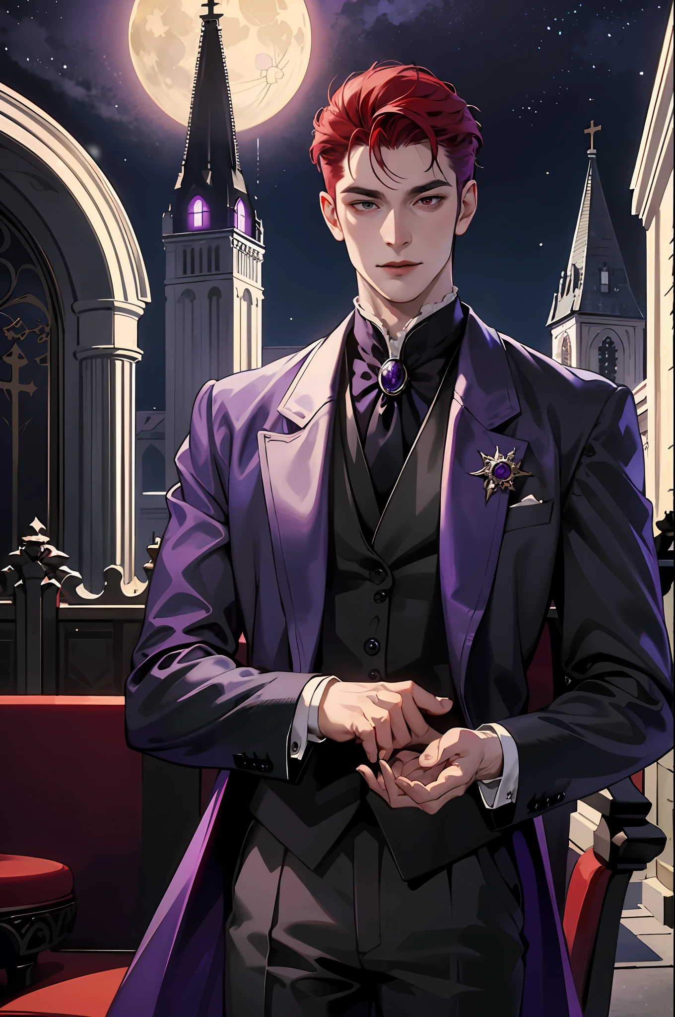 This is what a real Vampire looks like! Antique vampire clothes, elegant, gentlemanly. He is smiling friendly, his red hair is vivid, his red eyes shine against his perfect skin. In the background a purple church window, with moonlight reflecting behind. All this is in a beautiful and dark light, which makes it look amazing。 (High quality: 1.2, Church at night: 1.5, Antique Vampire Clothing: 1.4) (((At night))) (Provocative light, mysterious darkness) (((Violet Moon))) Defined Face) Perfect Hands)