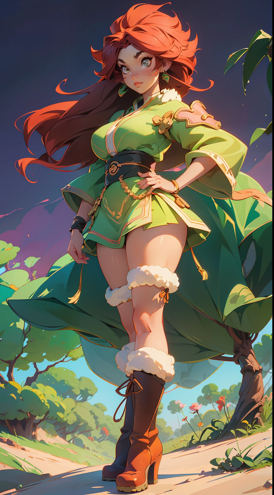 (delicate and vibrant anime style,highly-detailed and seamless 8k resolution,faux-fluffy clothing and big boots),awaifu with lion features, voluptuous body showcase in the foreground,(lush African jungle backdrop with breathtaking level of detail).