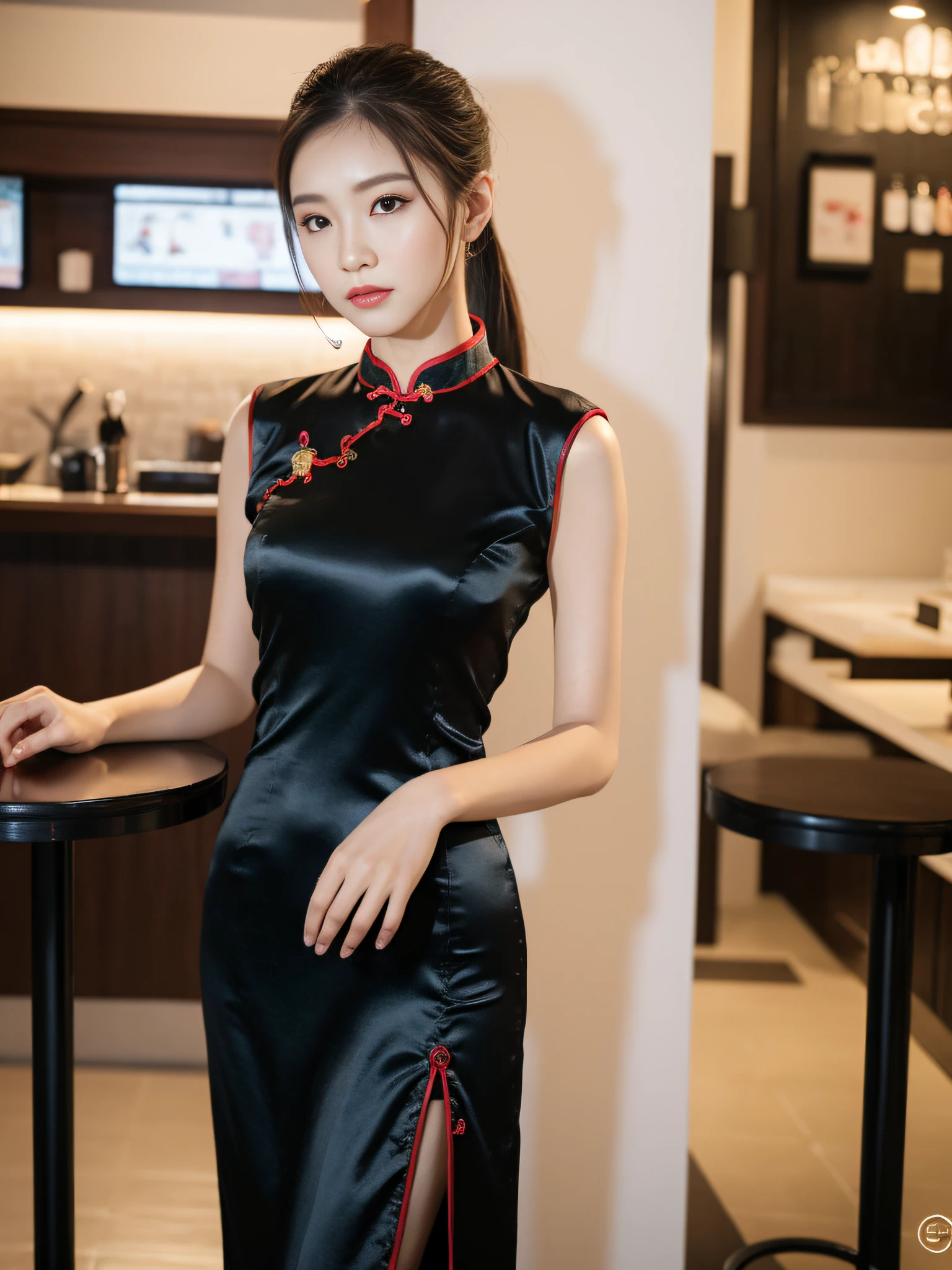 ((Best Quality, 8K, Masterpiece: 1.3)), Focus: 1.2, Black Cheongsam, Split Split, Full Body Photo, Standing Pose, Cafe Wall, Highly Detailed Face and Skin Texture, Detailed Eyes, Double Eyelids, Whitened Skin, Long Ponytail
