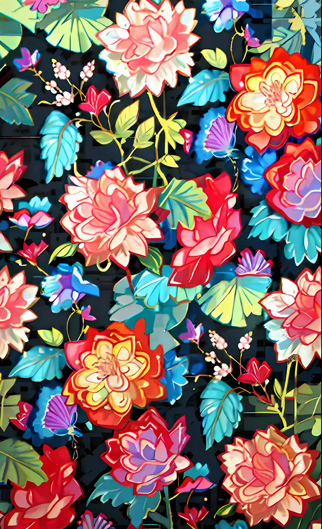 Close up of colorful floral print fabric on black background, Fabric embroidery, Neon floral pattern, The flowers are colorful, Cotton fabric, gorgeous flowers, Textile printing, floral pattern, Brightly colored flowers, Floral embroidery, Gorgeous flowers, Vivid and vibrant, Fabrics and textiles, Vibrant and vivid, Floral motives, the flowers, Colorful flowers, High quality fabric textiles, best quality, UHD