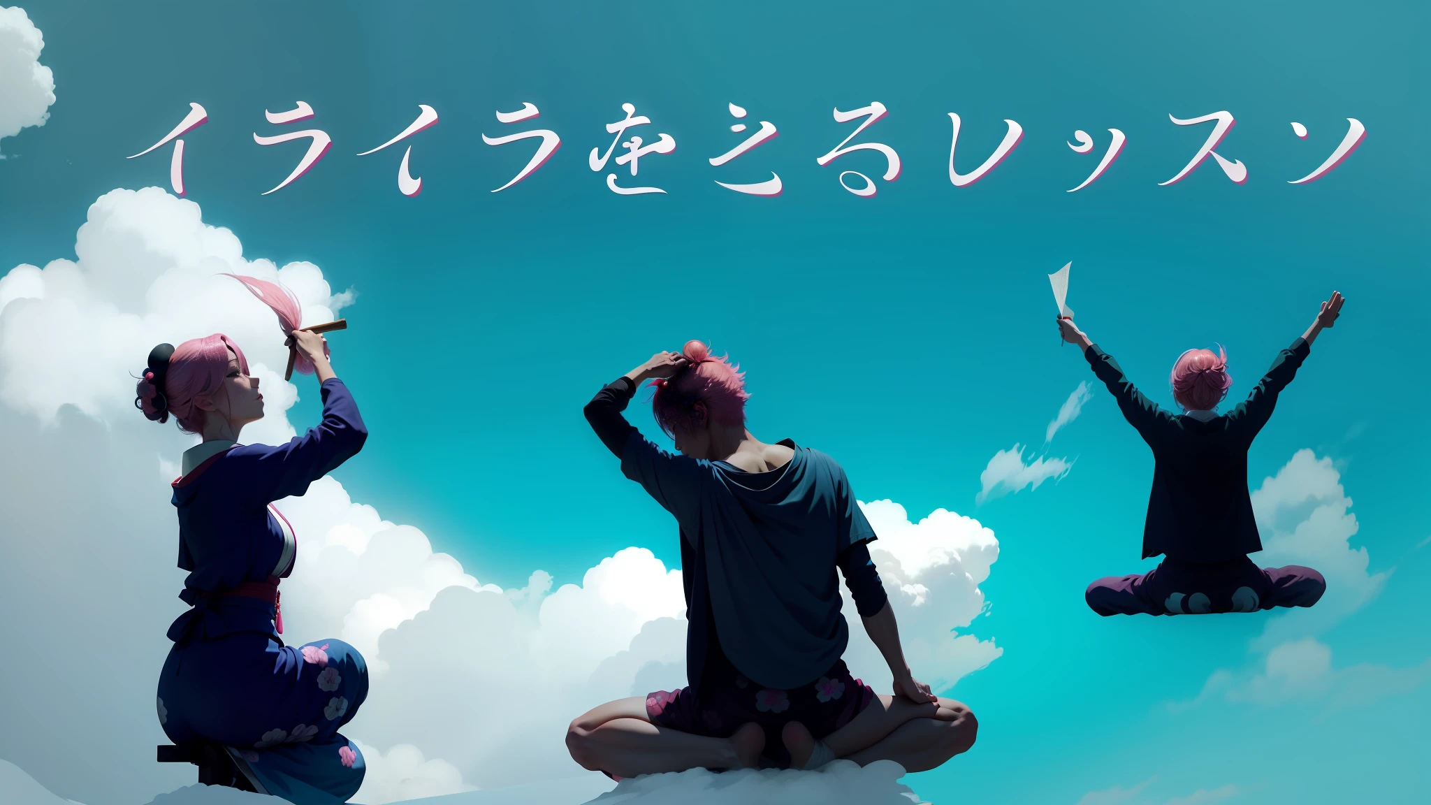 High quality wallpaper paper, beautiful animation, ukiyo-e, pink hair, 2 women, 1 male. --auto --s2