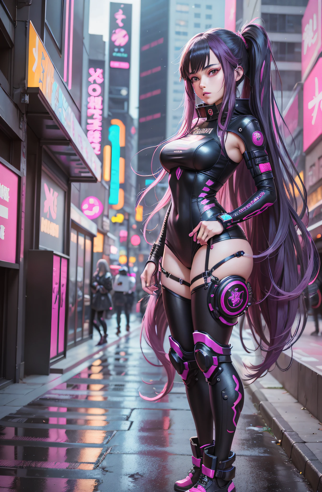 Beautiful woman with pink and black long hair posing on city street, anime style mixed with Fujifilm, cyberpunk anime girl, surreal cyberpunk style, anime style. 8K, cyberpunk style, surreal, Akihabara style, realistic anime 3D style, digital cyberpunk - anime art, purple and black clothes