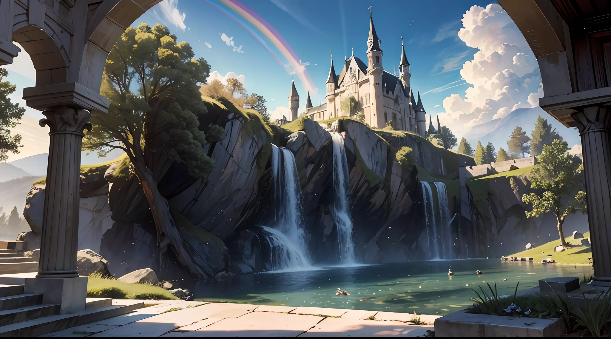 Excellent, Masterpiece, High Resolution, Fine Detail, High Resolution, High Resolution, Wallpaper, Castle, Outdoor, Multiplayer, 16K, HDR, High Resolution, Depth of Field, (Film Grave: 1.1), Bocon, Primetime, (Lens Halo), Vignette, Rainbow, (Grading: 1.5), Vista