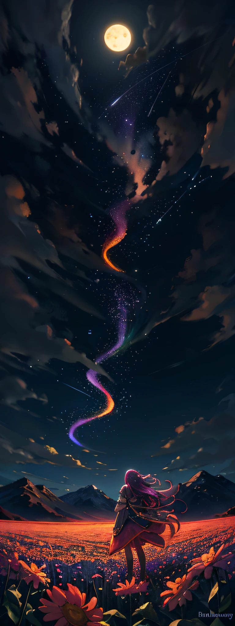 Vast landscape photo, (viewed from below, the sky is above and the open field is below), a girl standing on a flower field looking up, (full moon: 1.2), (meteor: 0.9), (nebula: 1.3), distant mountains , Trees BREAK Crafting Art, (Warm Light: 1.2), (Fireflies: 1.2), Lights, Lots of Purple and Orange, Intricate Details, Volumetric Lighting, Realism BREAK (Masterpiece: 1.2), (Best Quality), 4k, Ultra-Detailed, (Dynamic Composition: 1.4), Very Detailed, Colorful Details, (Rainbow Colors: 1.2), (Glow Lighting, Atmospheric Lighting), Dreamy, Magical, (Solo: 1.2)
