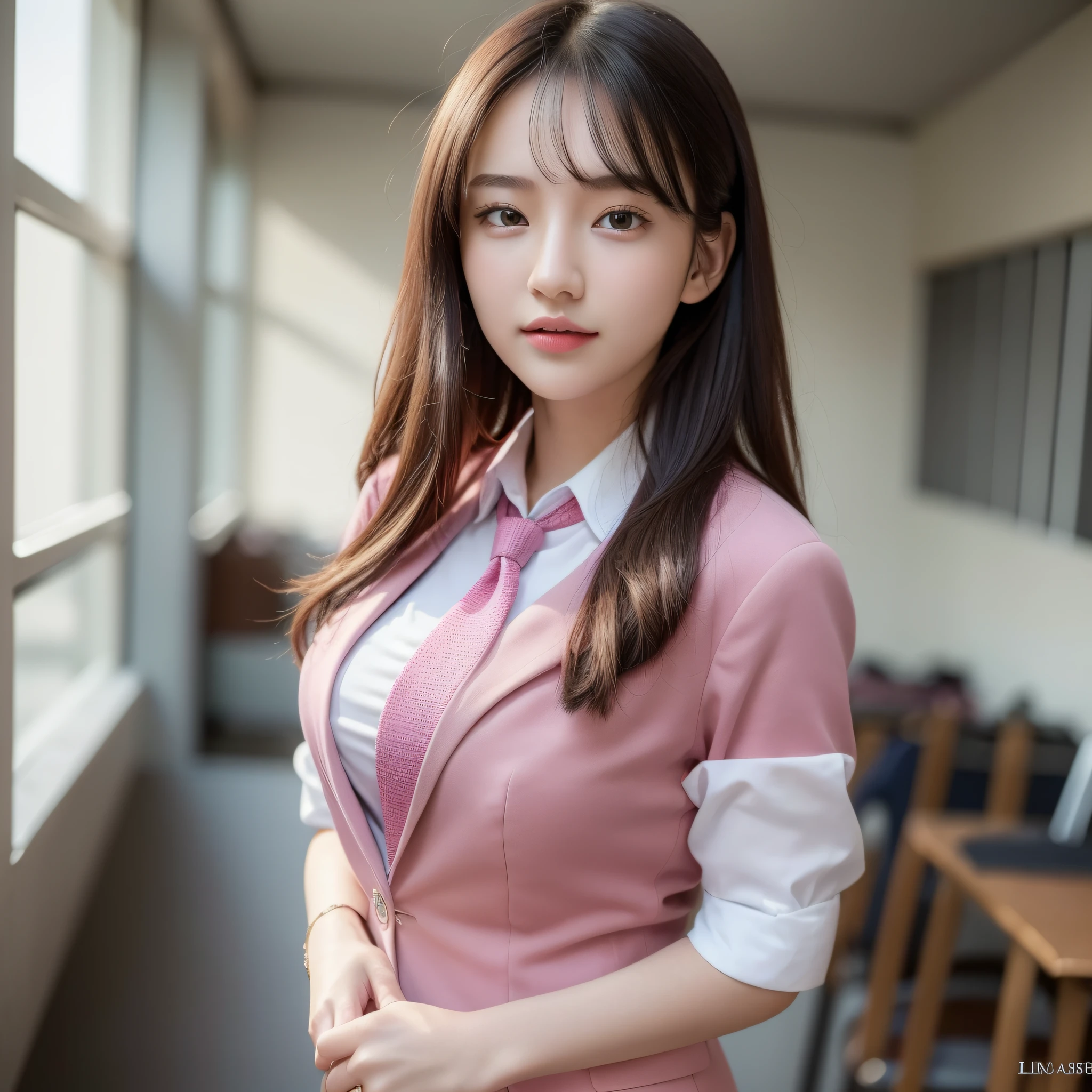 ((Top Quality, 8K, Masterpiece: 1.3)), 1 Girl, Slim, (Hairstyle Casual, Big: 1.2), (Pink Y-shirt, Red Tie, Dark Blue Blazer: 1.2), Ultra Slender Face, Delicate Eyes, Double Eyelids, Smile, (Classroom: 1.0)