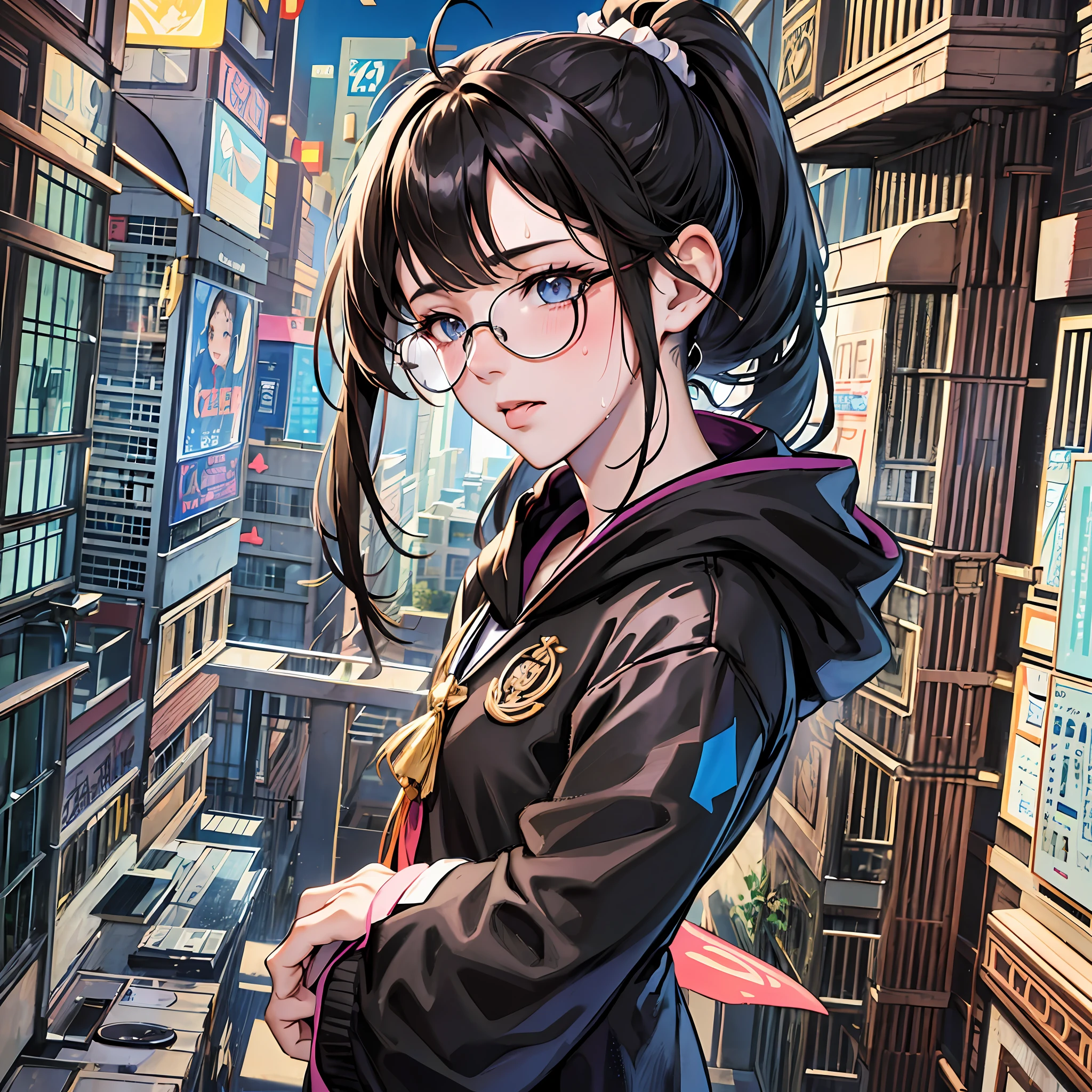 eula,genshin impact, yanfei,genshin impact, animated, extremely delicate and beautiful, Shock sensation, full_body, look_up_to, focus on eyes, flying_sweatdrops, sweat, petite, girl,woman,female, young,20 years old, long hair, dreadlocks, blunt bangs, hair between eyes, folded ponytail, sidelocks, black hair, gradient hair, shiny hair, huge ahoge, Delicate facerain, blush, half-closed_eyes, tongue_out, Delicate arms and hands, delicate hands, flat_chest, brown eyes, white skin, glasses, scrunchie, school_uniform, hoodie, black_shorts, black_footwear, skindentation, hood_down, black Clothes, beautiful detailed sky, diffraction spikes, very fine 8K CG wallpaper, absurdres, highres, --auto --s2