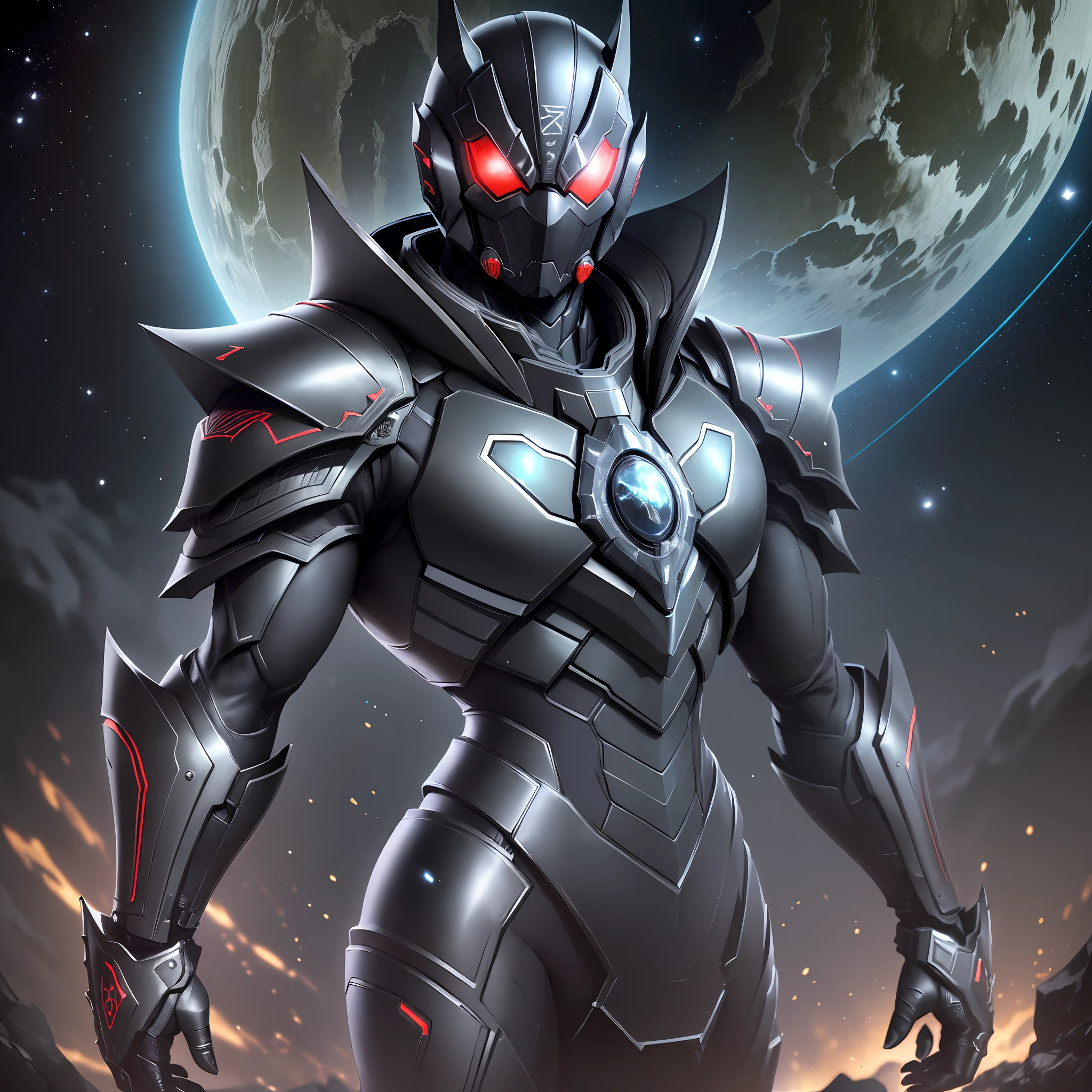 ((A person in a very dark black suit, Kamen rider Ryuga style) 1.5), ((sharp black armor, stealth armor) 1.3), Tokusatsu, Dark, ((Environment: Outer space with planet in the background) 1.4), UHD, 16K, ((armored uniform) 1.5) --auto --s2