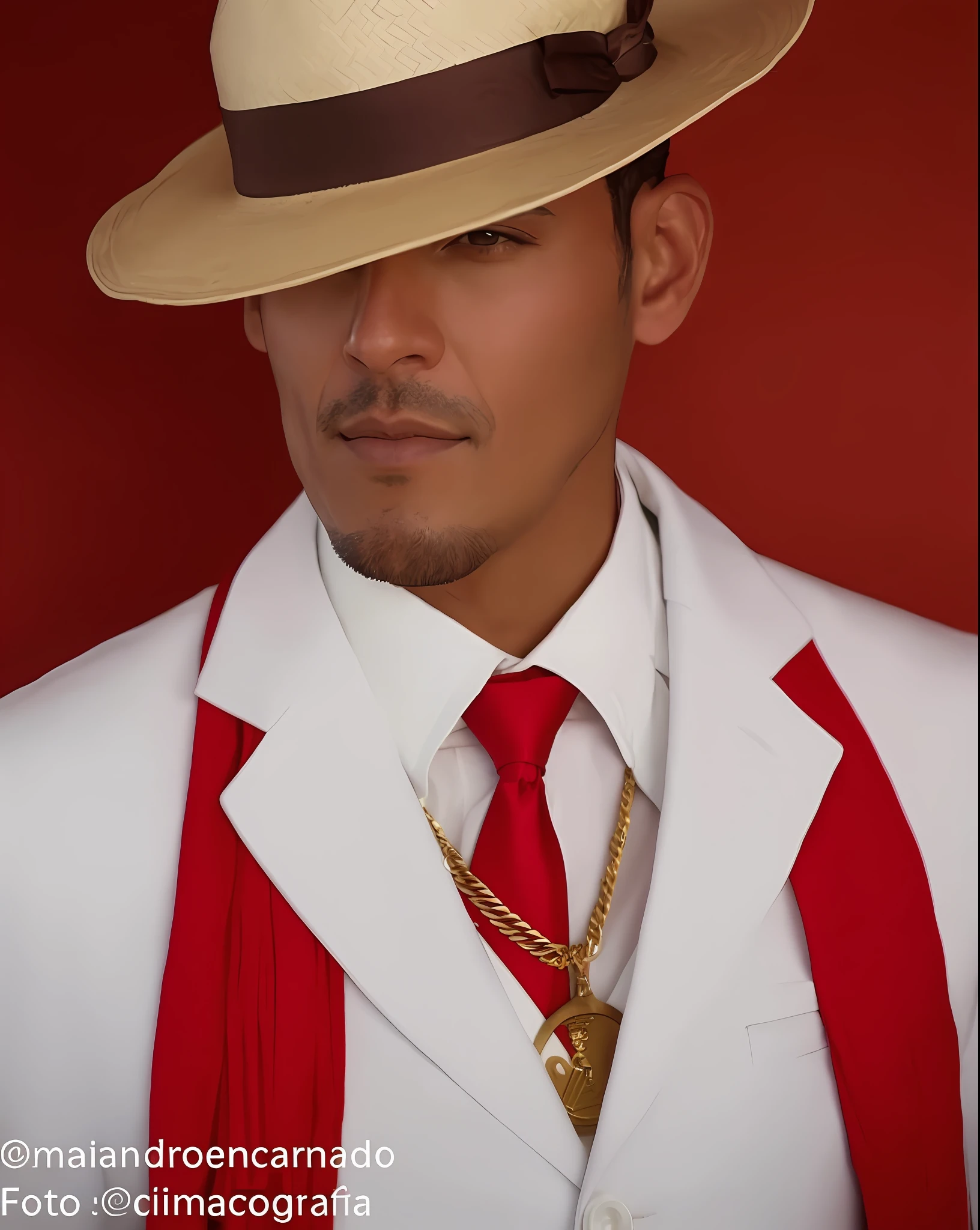 arafed man wearing a white suit and red tie and a hat, white suit and hat, a suited man in a hat, inspired by Christopher Williams, eloy morales, inspired by Toros Roslin, inspired by Randy Vargas, profile image, inspired by Byron Galvez, taken in the early 2020s, martin sandiego, wearing white suit