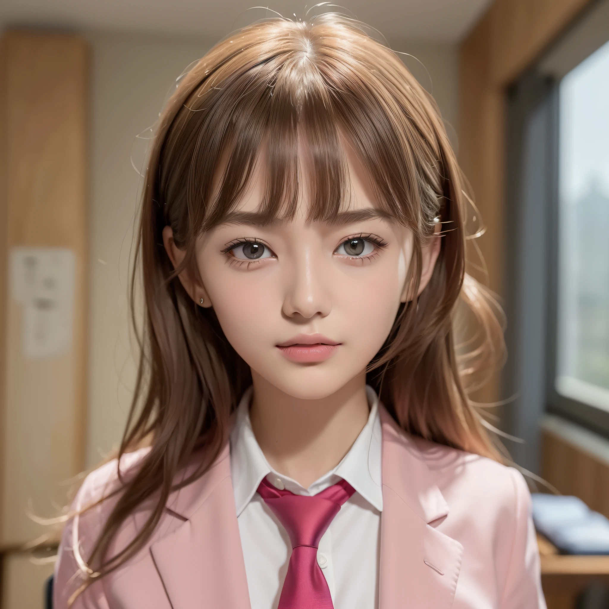 ((Top Quality, 8K, Masterpiece: 1.3)), 1 Girl, Slim, (Hairstyle Casual, Big: 1.2), (Pink Y-shirt, Red Tie, Dark Blue Blazer: 1.2), Ultra Slender Face, Delicate Eyes, Double Eyelids, Smile, (Classroom: 1.0)