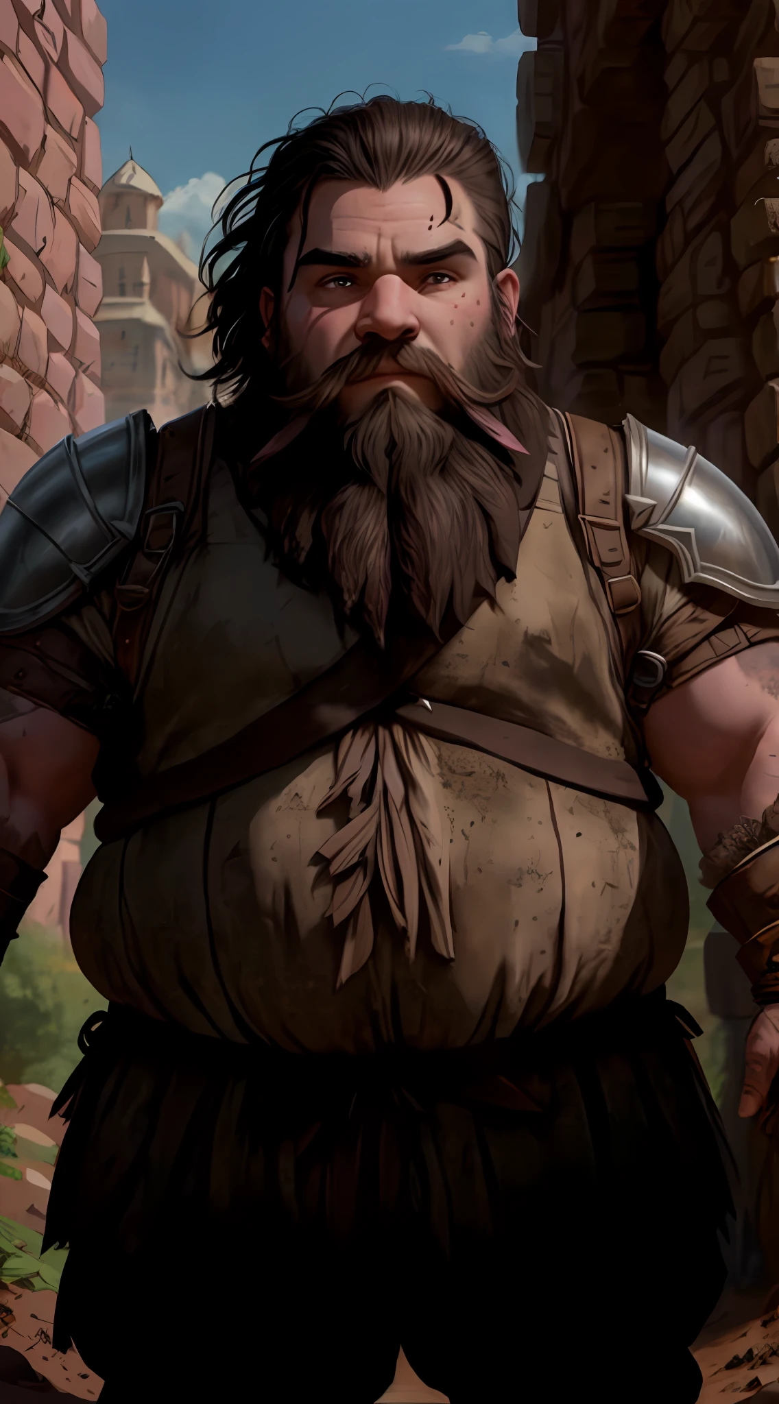 A dwarf, ((((soil)))), (pink skin, beard full with adornments, short black hair, large and strong nose, eyebrows together and thick, strong and brut), (wears a powerful armor of steel), is in his forge