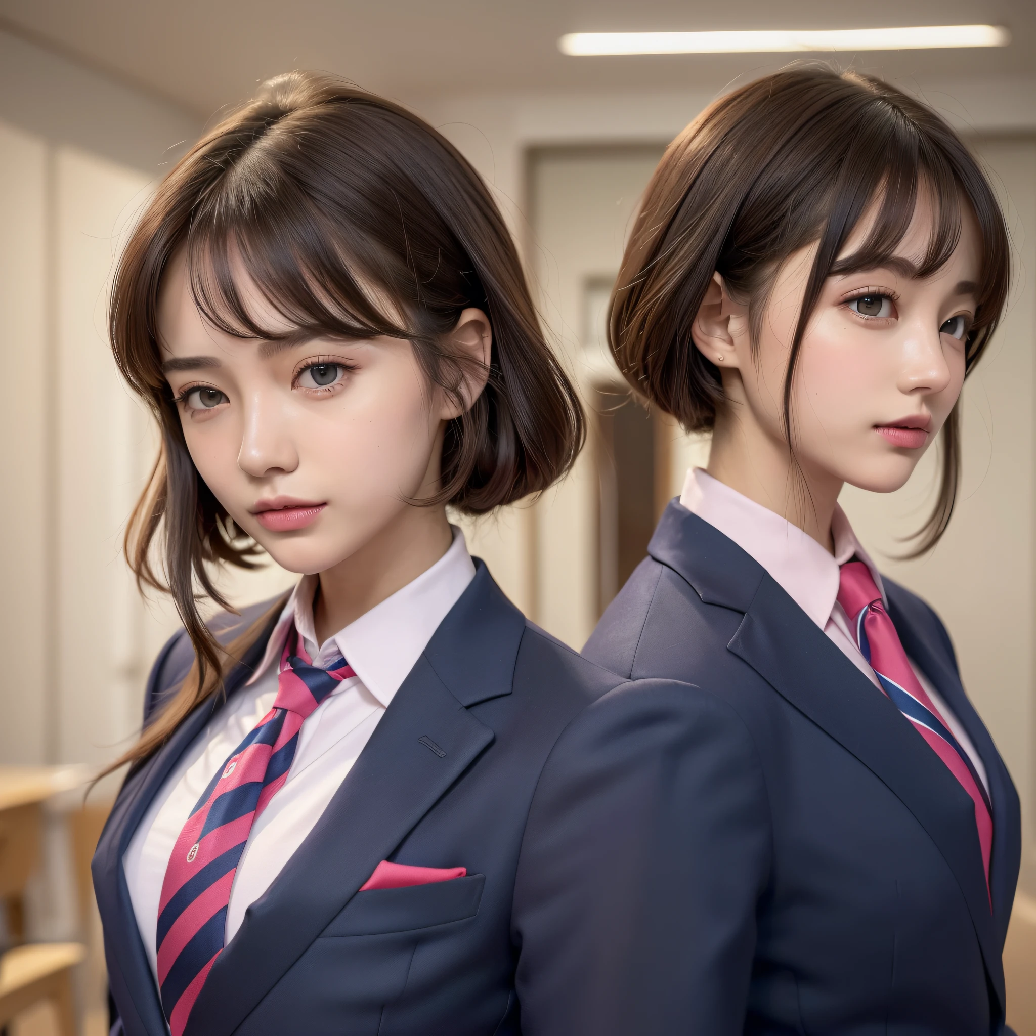 ((Top Quality, 8K, Masterpiece: 1.3)), 1 Girl, Slim, (Hairstyle Casual, Big: 1.2), (Pink Y-shirt, Red Tie, Dark Blue Blazer: 1.2), Ultra Slender Face, Delicate Eyes, Double Eyelids, Smile, (Classroom: 1.0)
