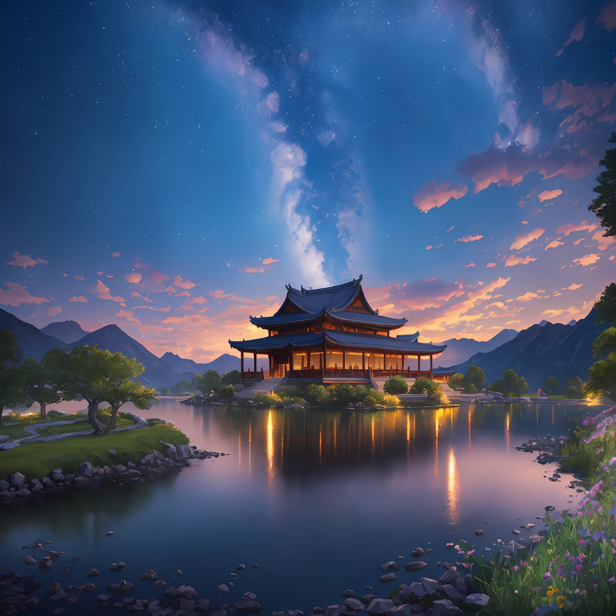 Masterpiece, best quality, high quality, extremely detailed CG unity 8k wallpaper, outdoor, sky, clouds, night, no humans, mountain, chinese style palace sits on the hillside, moonlight, cinemagraph, landscape, water, trees, dark sky, waterfall, cliff, nature, lake, river, cloudy sky, award winning photography, bokeh, depth of field, hdr, bloom, chromatic aberration, photorealistic, highly detailed, trending on artstation, trending on CGsociety, intricate, high detail, dramatic, halfway art --auto --s2