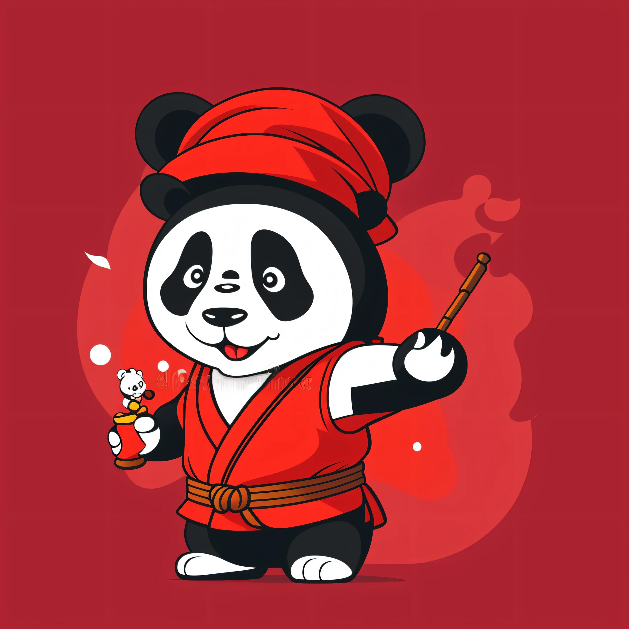 Cartoon panda holding a bun, wearing a red hat, cartoon vector illustration, inspired by national style and martial arts