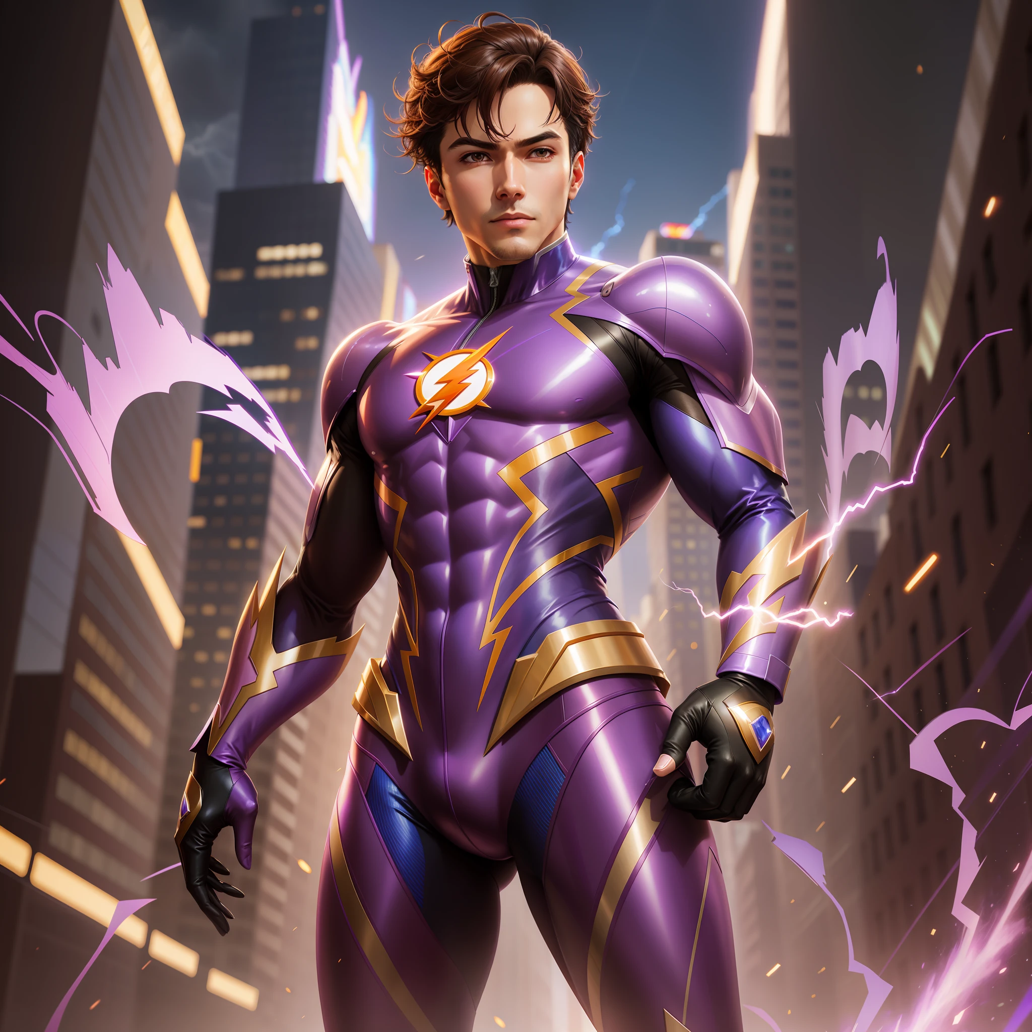 araffe in a purple suit with lightning coming out of his chest, artgerm jsc, john park, range murata and artgerm, speedster, flashy flash elegant, extremely detailed artgerm, hero pose colorful city lighting, ig model | artgerm, stephen lau and artgerm, artgerm greg rutkowski _ greg