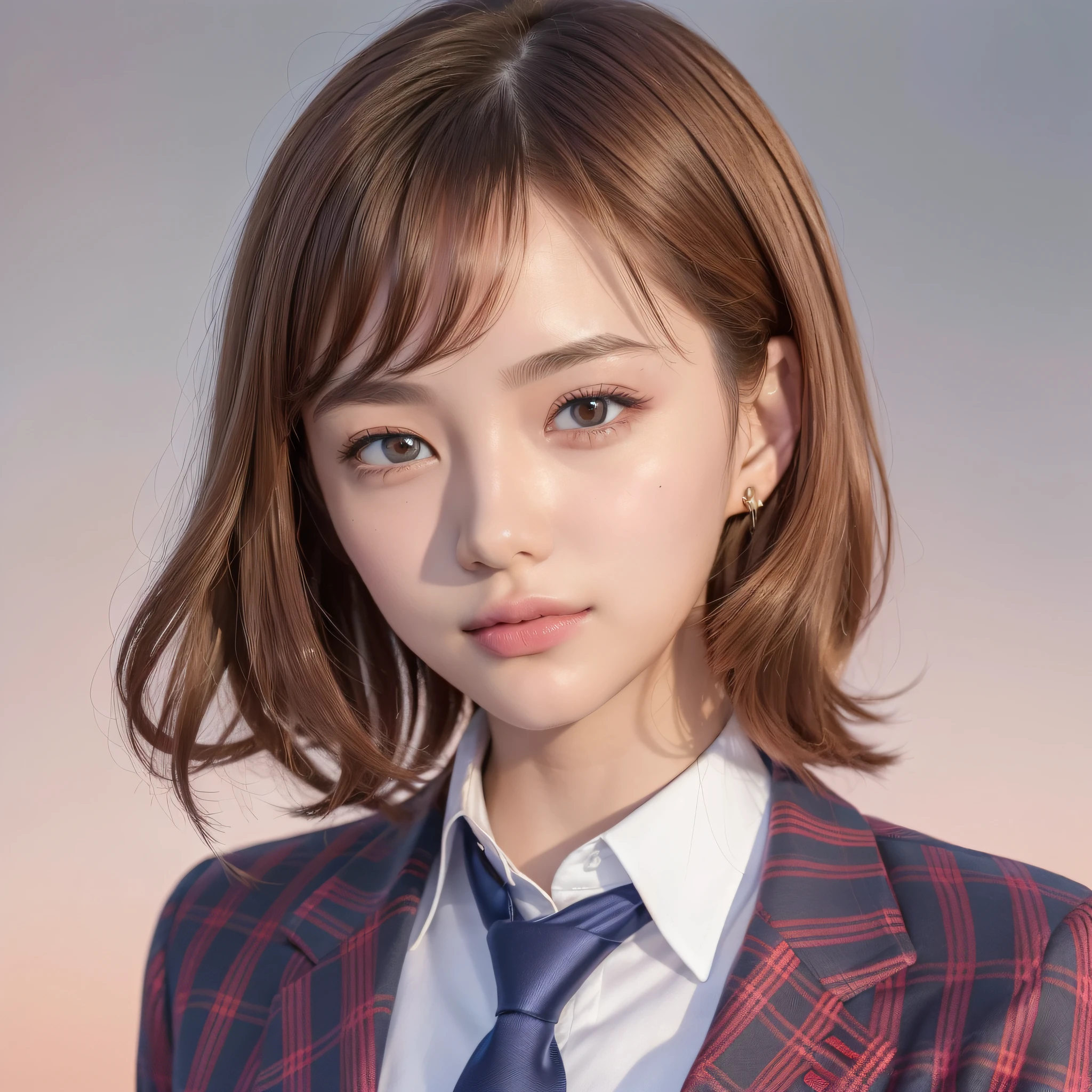 ((Top Quality, 8K, Masterpiece: 1.3)), 1 Girl, Slim, (Casual Hairstyle, Big: 1.2), (Pink Y-shirt, Red Tie, Dark Blue Blazer: 1.2), Ultra Slender Face, Delicate Eyes, Double Eyelids, Smile, (Cafe: 1.0)
