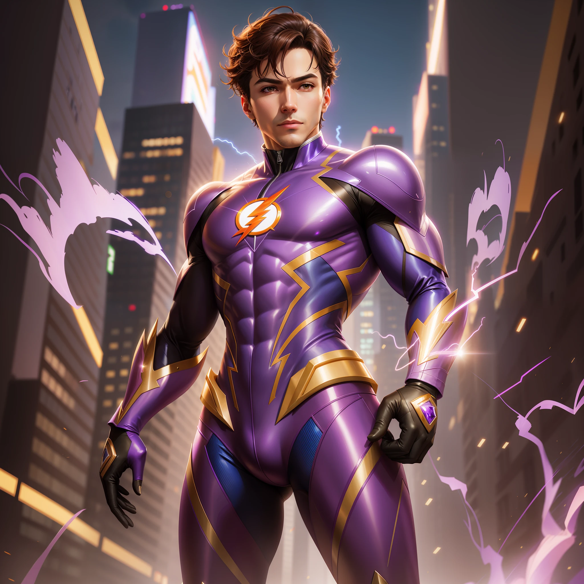 araffe in a purple suit with lightning coming out of his chest, artgerm jsc, john park, range murata and artgerm, speedster, flashy flash elegant, extremely detailed artgerm, hero pose colorful city lighting, ig model | artgerm, stephen lau and artgerm, artgerm greg rutkowski _ greg