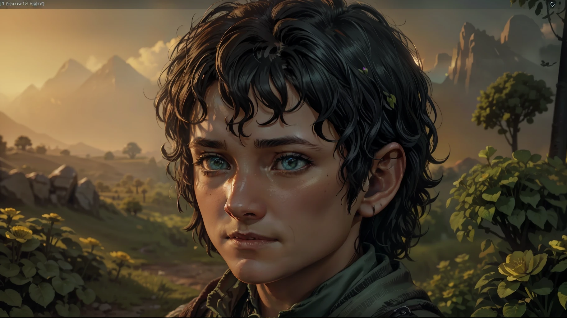 Frodo Baggins, artstation winning digital art, unbelievable fanart, amazing, epic, realistic art, wonderful, League of legends style, (backlighting: 1.2), (flowering: 1.2), (bright light: 1.1), (chromatic aberration: 1.2), sharp focus, high contrast, (cinematic lighting: 1.2), movie trailer image, fantasy movie, (screen lighting: 1.1) Realism, Ultra-Wide Angle, 135mm, atmospheric perspective, 8k, super detail, Award Winning, Textured Skin, Super Detail, 16K, Anatomically Correct