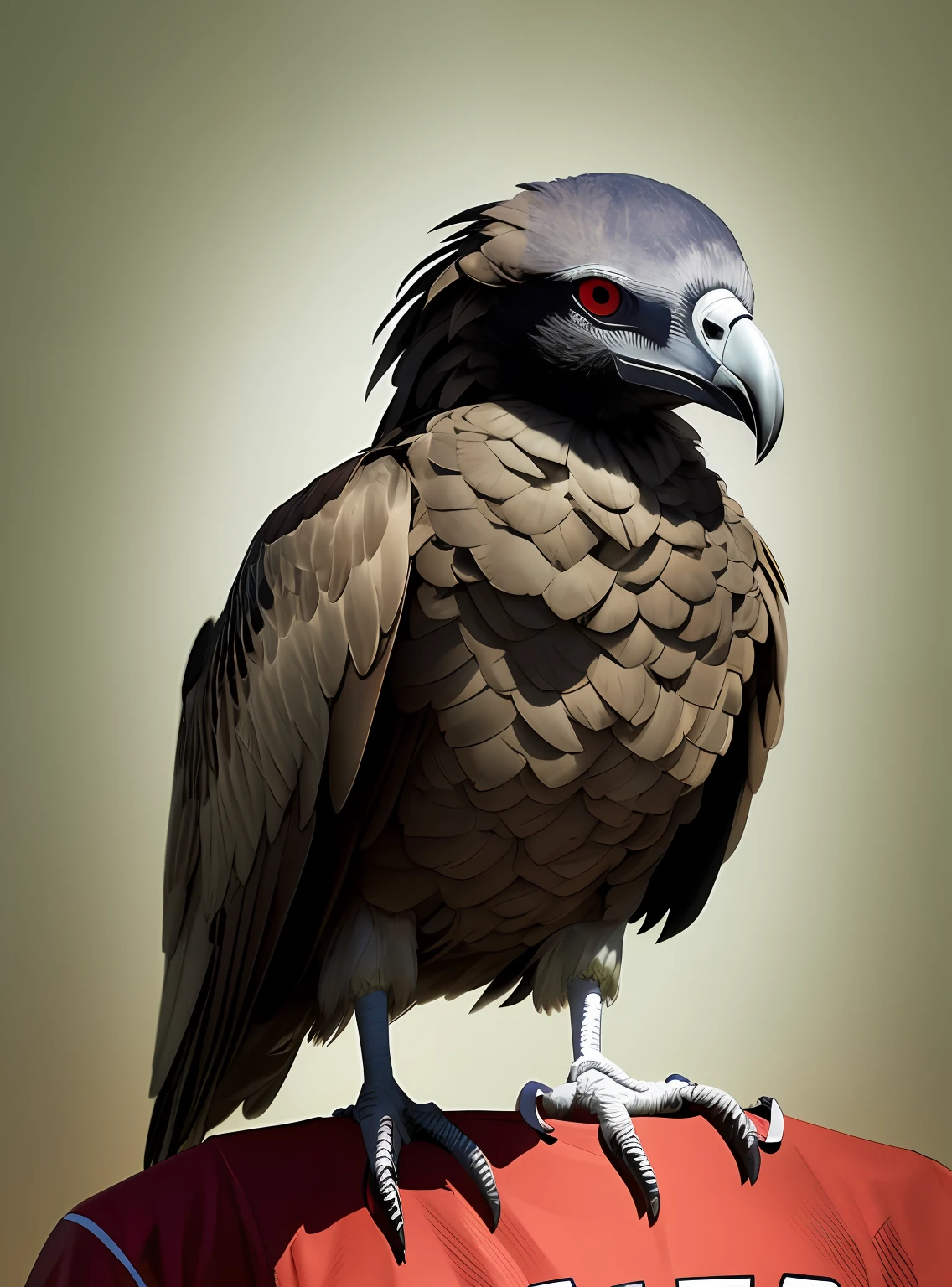 An image of a vulture with a prominent beak wearing the shirt of Flamengo, Rio de Janeiro's football team. The vulture is standing, with its arms crossed over its chest, as if posing for a photo. The image is captured at a frontal angle, as if it had been taken with a 50mm lens, providing a sharp and detailed perspective of the vulture. The background of the image is purposely blurred, highlighting the vulture and creating an attractive aesthetic effect --auto --s2