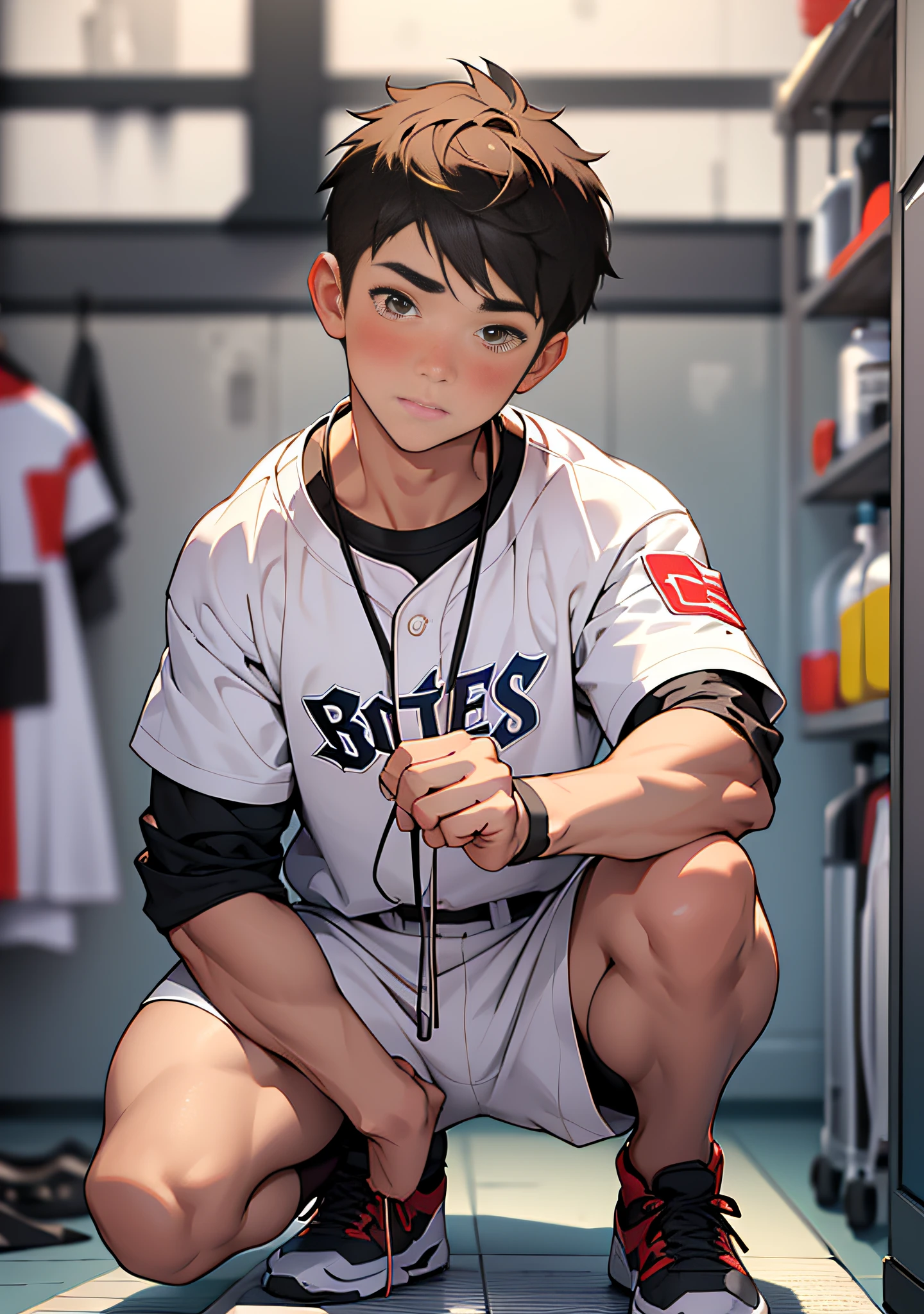 (masterpiece, best quality), 1man, short hair, brown eyes, complex, (utility room), full body, white baseball uniform, black sweatshirt, bright colors, (depth of field: 1.2), (abs), blush, looking at the audience, on the floor, open legs,