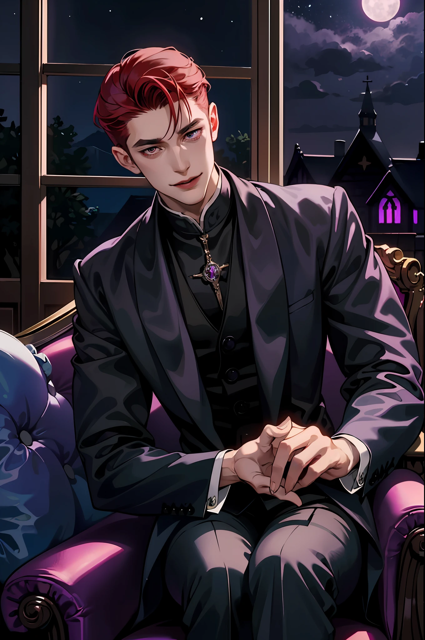 This is what a real Vampire looks like! Antique vampire clothes, elegant, gentlemanly. He is smiling friendly, his red hair is vivid, his red eyes shine against his perfect skin. In the background a purple church window, with moonlight reflecting behind. All this is in a beautiful and dark light, which makes it look amazing。 (High quality: 1.2, Church at night: 1.5, Antique Vampire Clothing: 1.4) (((At night))) (Provocative light, mysterious darkness) (((Violet Moon))) Defined Face) Perfect Hands)