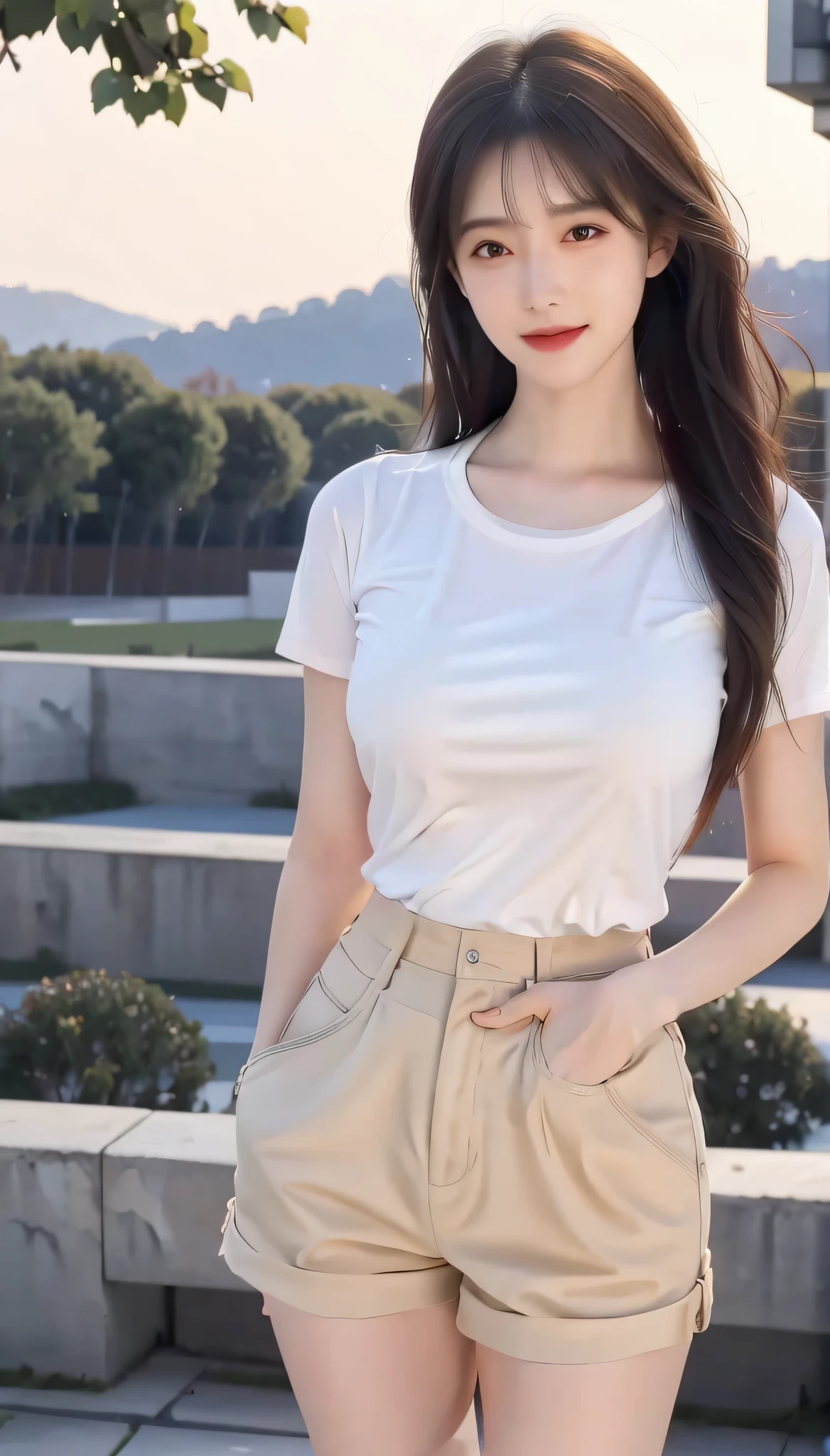 in focus, Full Body Photo (FLS), FHD, 1080P, 2K, 4K, 8K, Mind-bSoft illuminationlowing Details, Unfathomable, Leica camera, Full Length Shot (FLS), cute, Golden Ratio, Soft illumination, absorbing. Super detailed, extremely detailed, beautiful and meticulous girl, 1 girl, (perfect female figure), full body, t-shirt, shorts, long legs, no breasts.