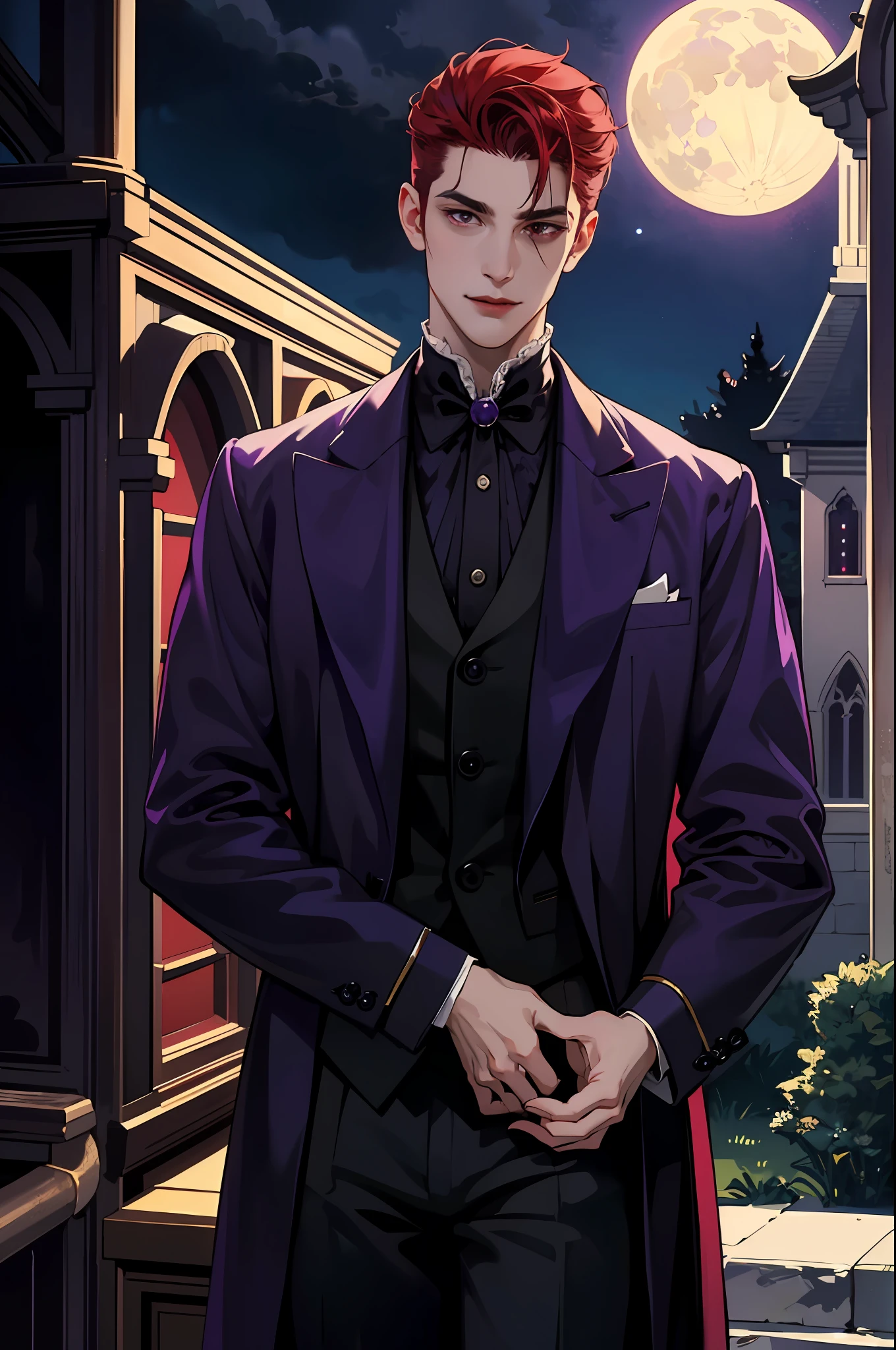 This is what a real Vampire looks like! Antique vampire clothes, elegant, gentlemanly. He is smiling friendly, his red hair is vivid, his red eyes shine against his perfect skin. In the background a purple church window, with moonlight reflecting behind. All this is in a beautiful and dark light, which makes it look amazing。 (High quality: 1.2, Church at night: 1.5, Antique Vampire Clothing: 1.4) (((At night))) (Provocative light, mysterious darkness) (((Violet Moon))) Defined Face) Perfect Hands)