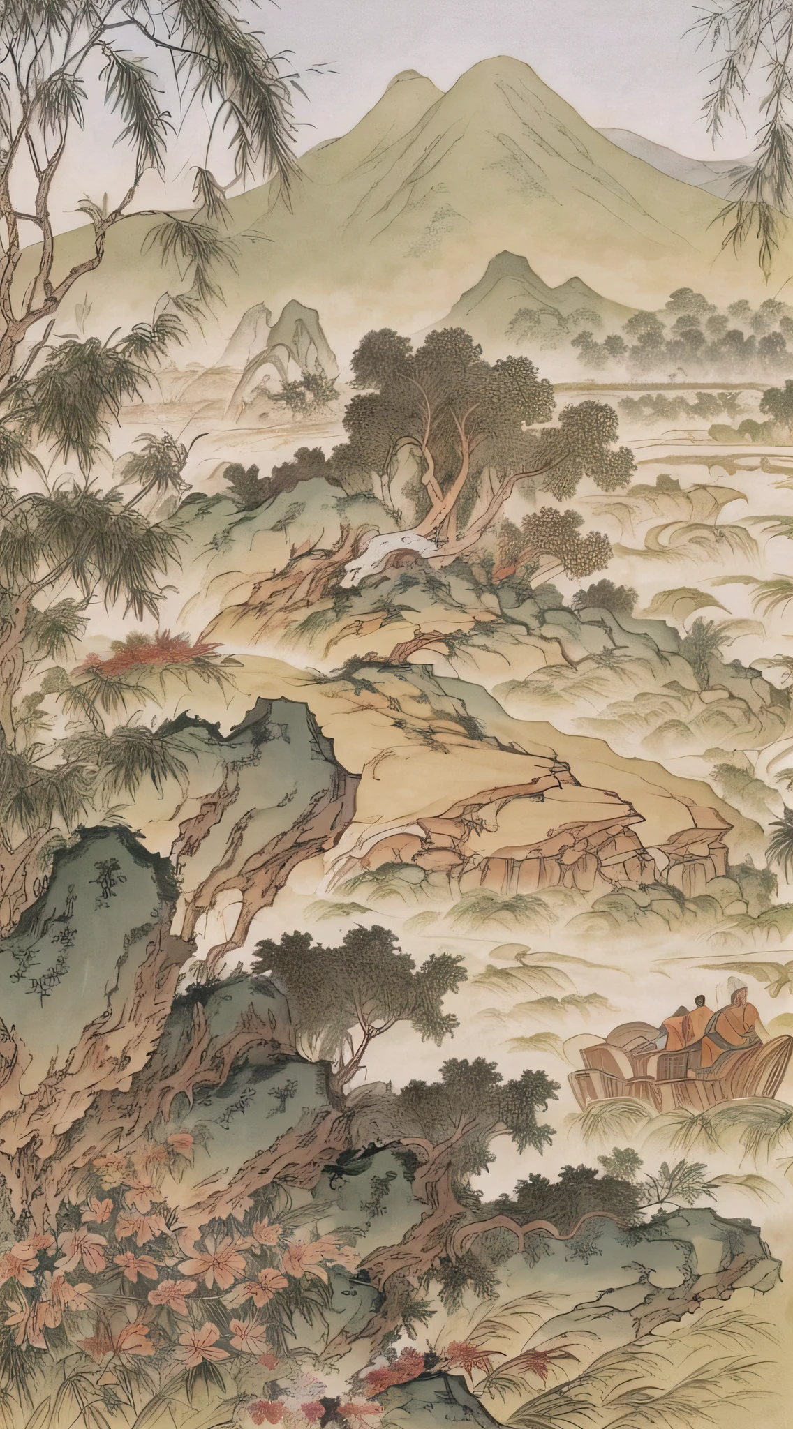 chinese painting, mountain, rock, flower, grass, river, tree, mountain in the distance, (sitting old man), plain, war, armor, war horse, vanishing point, 35mm, UHD, masterpiece, ccurate, high detail, award-winning, best quality, 4K