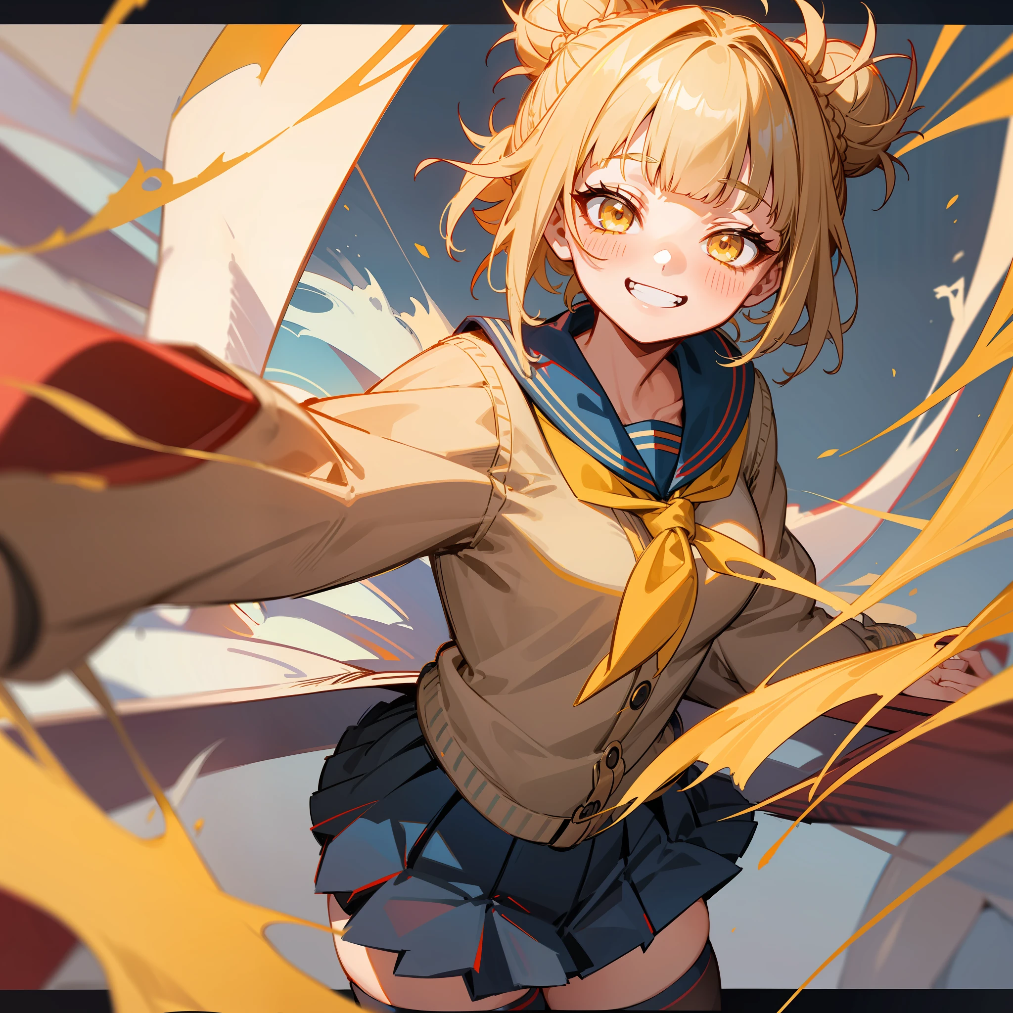 lentiyay, toga himiko, boku no hero academia, 1girl, bangs, black sailor collar, black thighhighs, blonde hair, blue sailor collar, blunt bangs, blush, breasts, brown cardigan, cowboy shot, double bun, grin, hair bun, yellow eyes , long sleeves, looking at viewer, messy hair, narrowed eyes, smile