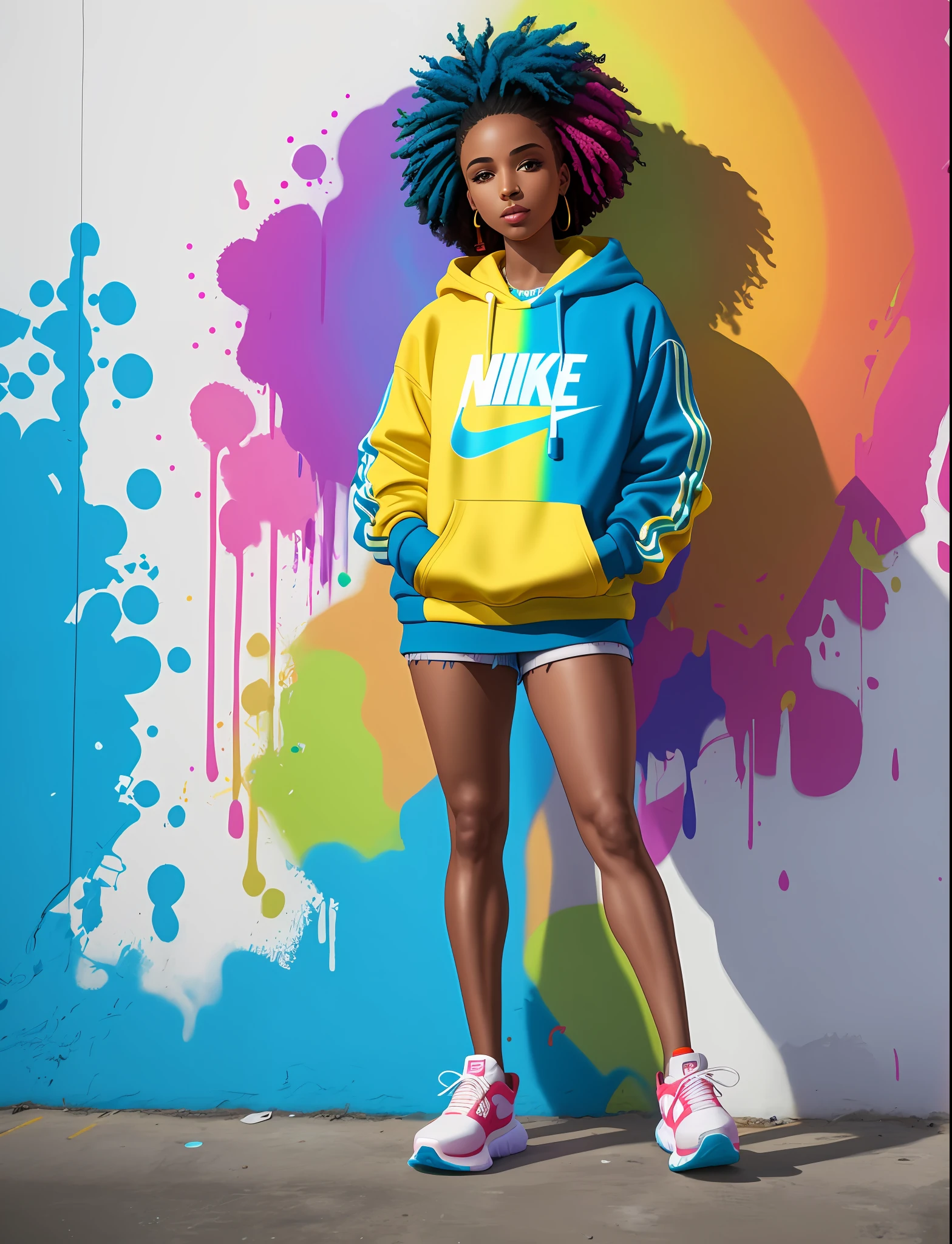 Graffiti painting, street art, 32k extremely detailed CG unit wallpaper, 32k landscape, artwork, masterpiece, best quality, amazing light brushstrokes, of a 28 year old African American girl with hair with lights, Nike sneakers in graffiti style on a white wall with vibrant colors.
