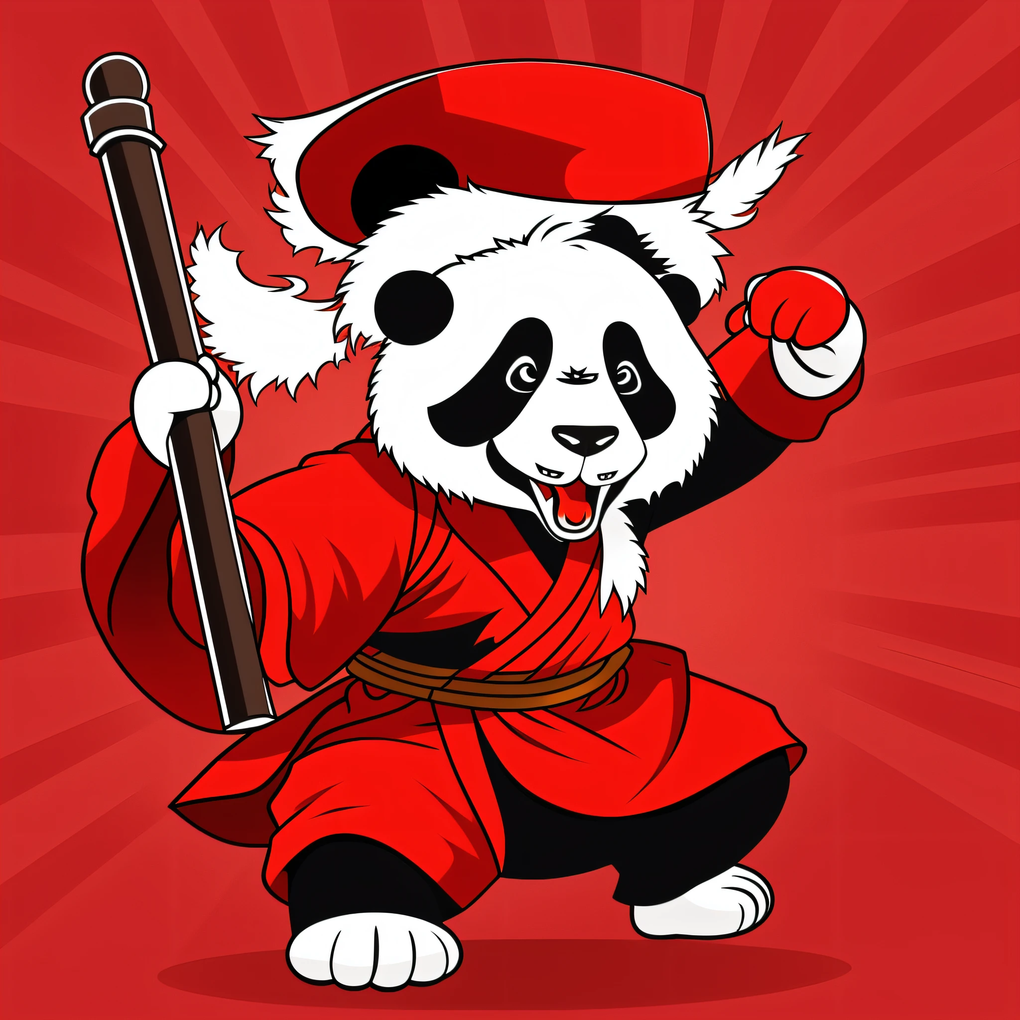 Cartoon vector illustration, cartoon panda, posing in Wing Chun, wearing a red hat, inspired by Chinese style and martial arts, 2 hands and 2 feet