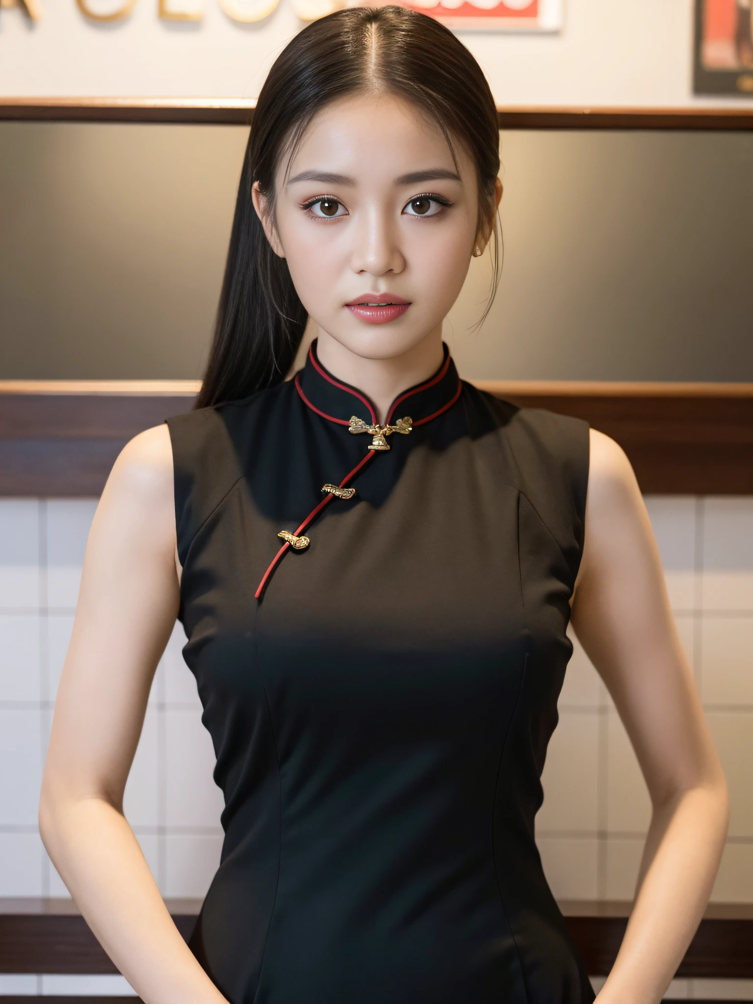 ((Best Quality, 8K, Masterpiece: 1.3)), Focus: 1.2, Wearing Black Cheongsam, Sleeveless, Split End, Full Body Photo, Standing Pose, Cafe Wall, Highly Detailed Face and Skin Texture, Detailed Eyes, Double Eyelids, Whitened Skin, Long Ponytail
