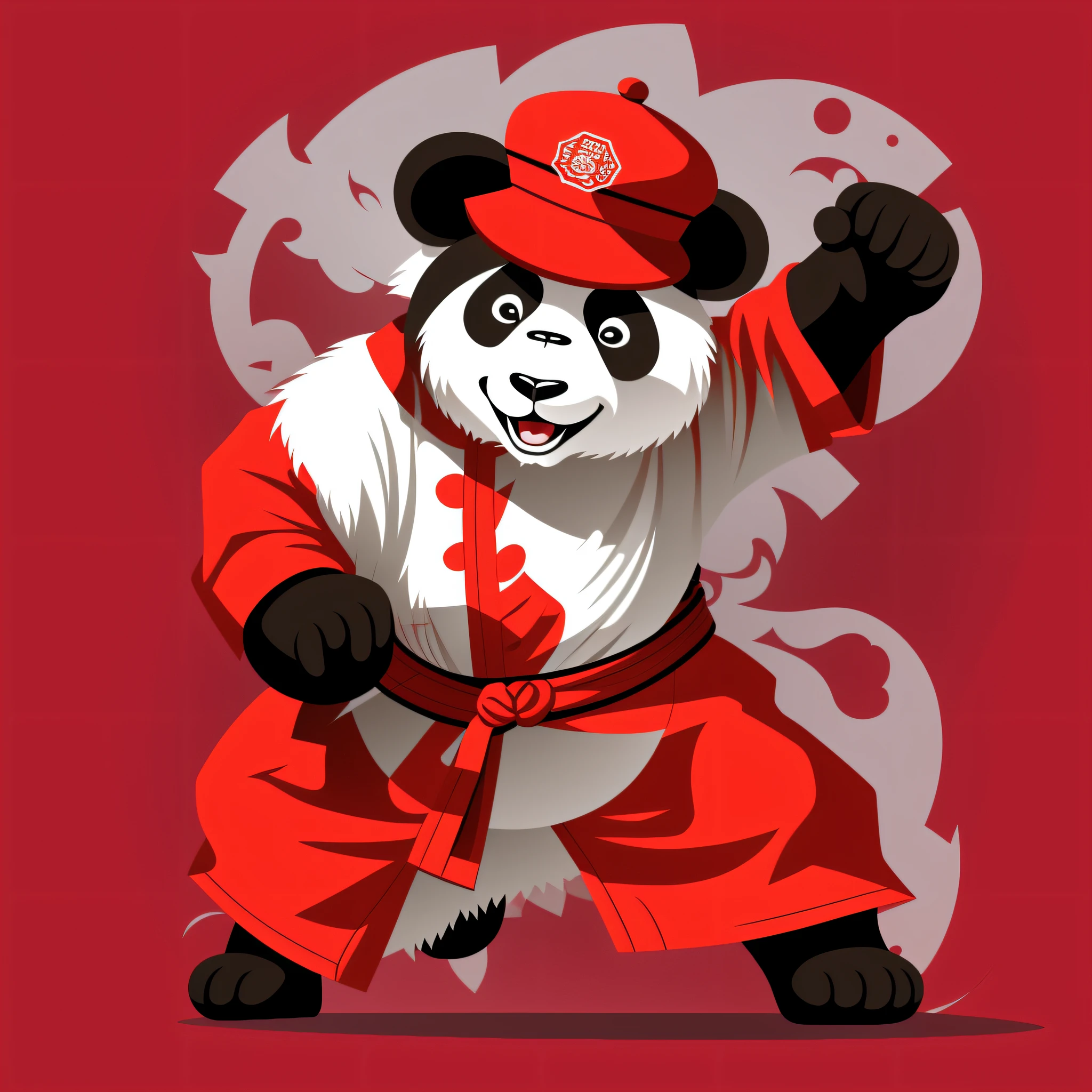 Cartoon vector illustration, cartoon panda, posing in Wing Chun, wearing a red hat, inspired by Chinese style and martial arts, 2 hands and 2 feet