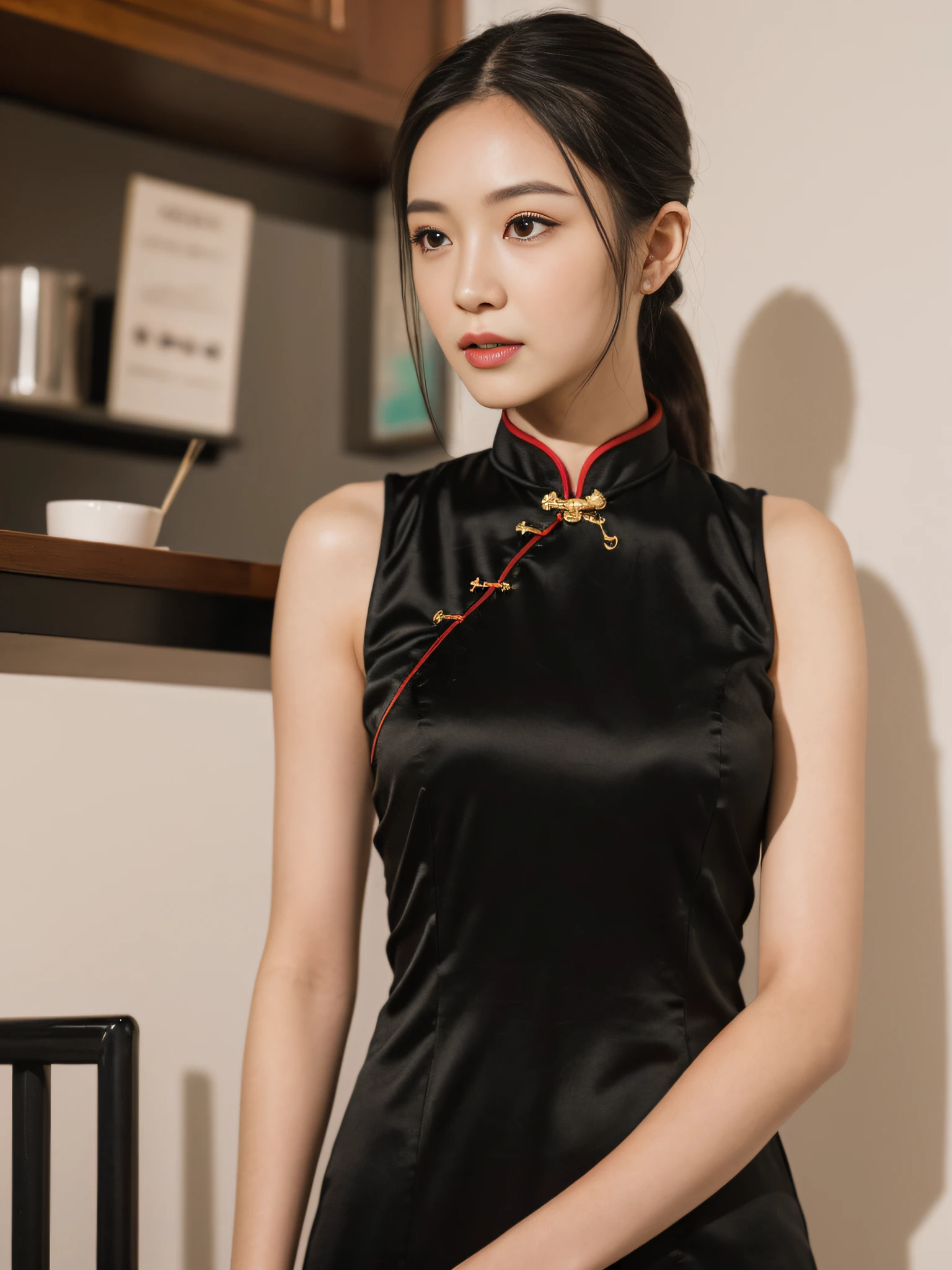 ((Best Quality, 8K, Masterpiece: 1.3)), Focus: 1.2, Wearing Black Cheongsam, Sleeveless, Split End, Full Body Photo, Standing Pose, Cafe Wall, Highly Detailed Face and Skin Texture, Detailed Eyes, Double Eyelids, Whitened Skin, Long Ponytail
