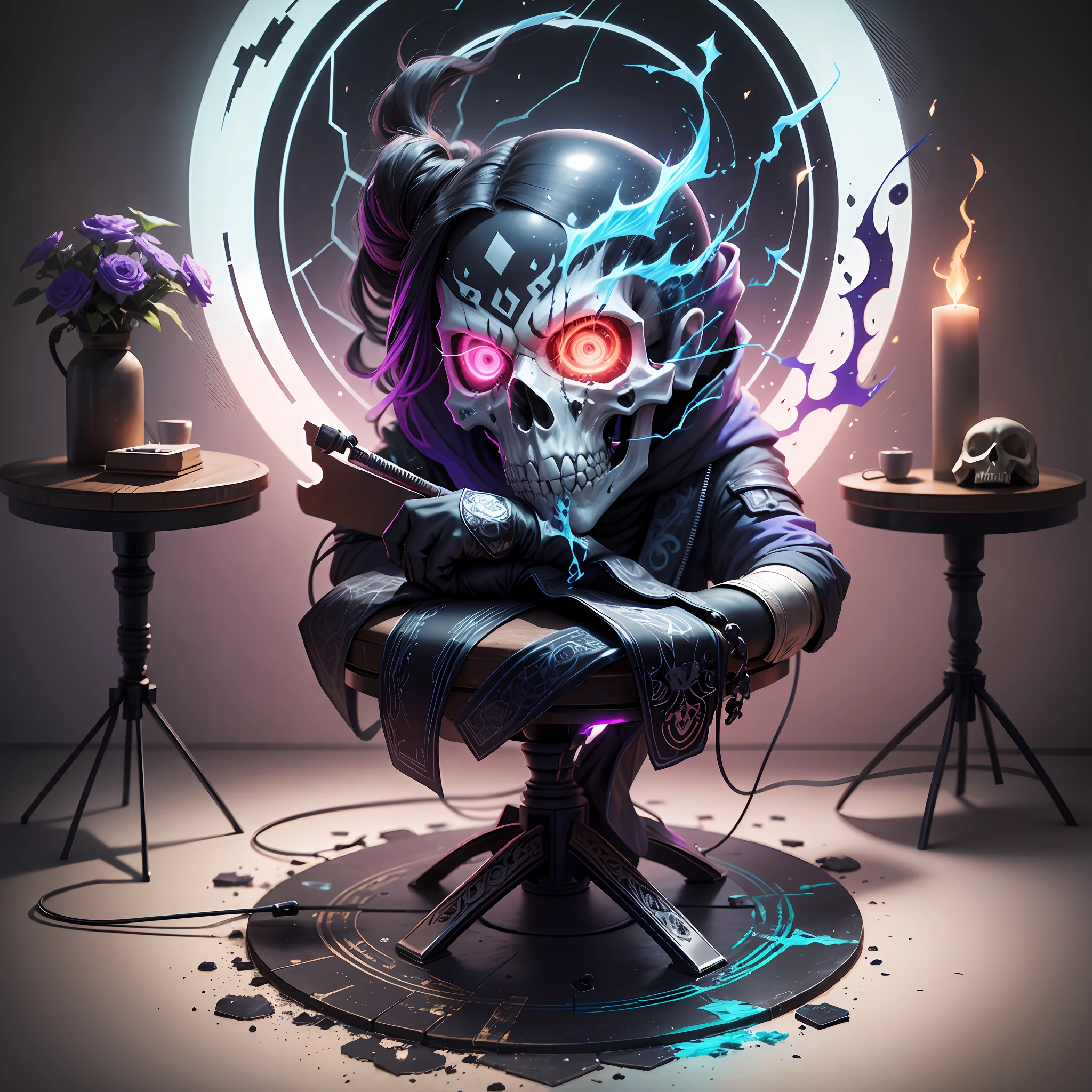 skull with bulging eye, ninja skull, art deco skull, full 4k face, skull well balanced in color, with dark background, animalistic background with blur as if quoted with a moon in the center, thunder, lightning, luminous, dynamic, penny broken skull in two, but not exactly, with 2 chairs and a table in the center, podcast, 100 of the broken cane with lights reflecting off the table and chair, with splashes of colored cutouts, with elemental being smashed, breaking everything around it, everything in the cracked main floor with saine panque art custom fashion with depth and upholstery w/ grappling table mic w/ portal dark flames lapera mic early music mic oversized mic tentacles --auto --s2