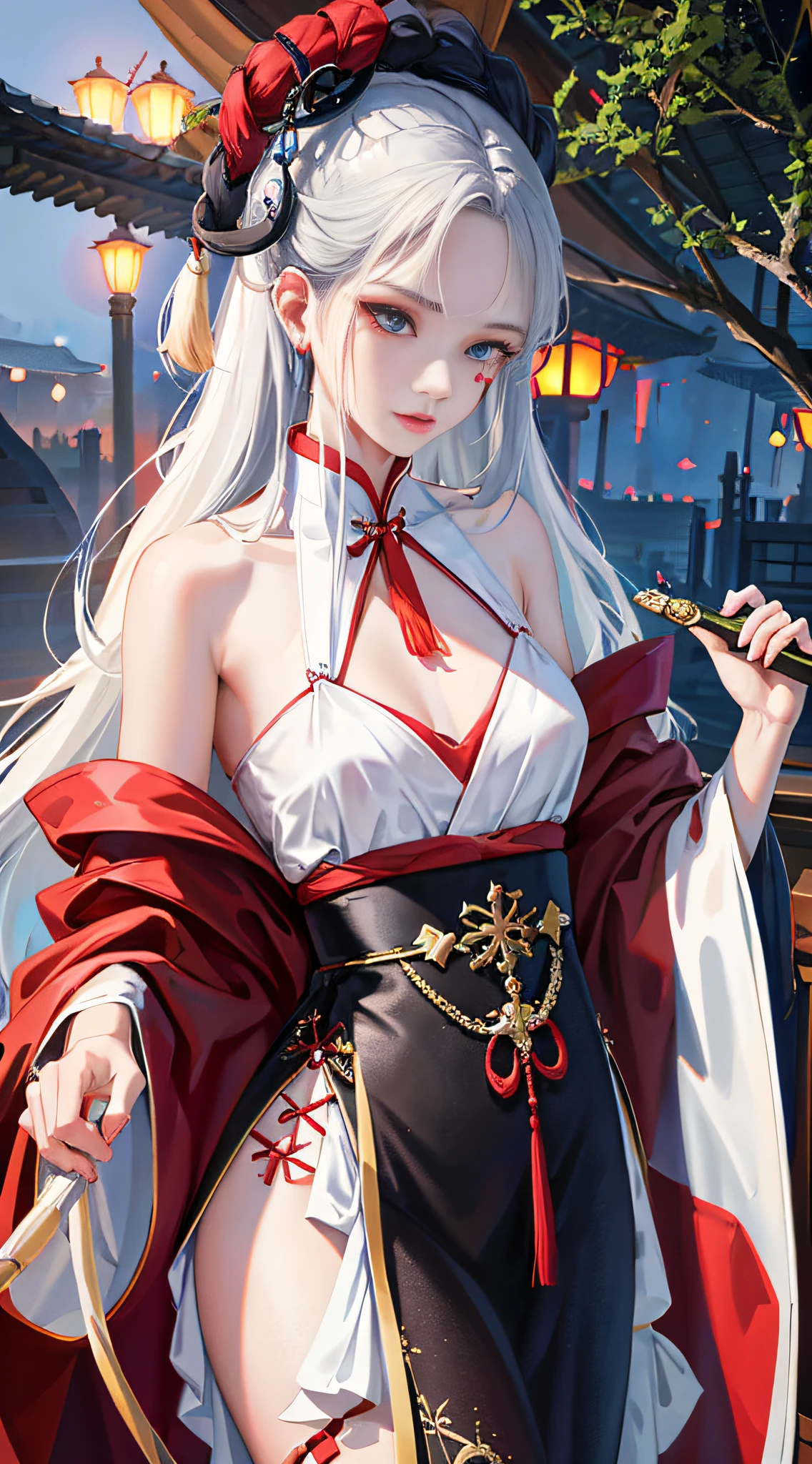 1girl, (hanfu), sidelighting, wallpaper, masterpiece, superlative, finger detail, night, outdoor, rainy day, branches, chinese style, ancient china, 1 woman, mature woman, silver-white long-haired woman, gray-blue eyes, pale pink lips, indifferent, serious, bangs, assassin, sword, white clothes, blood, violence, death, injury, blood, facial bloodstain, massive blood, facial detail, facial detail