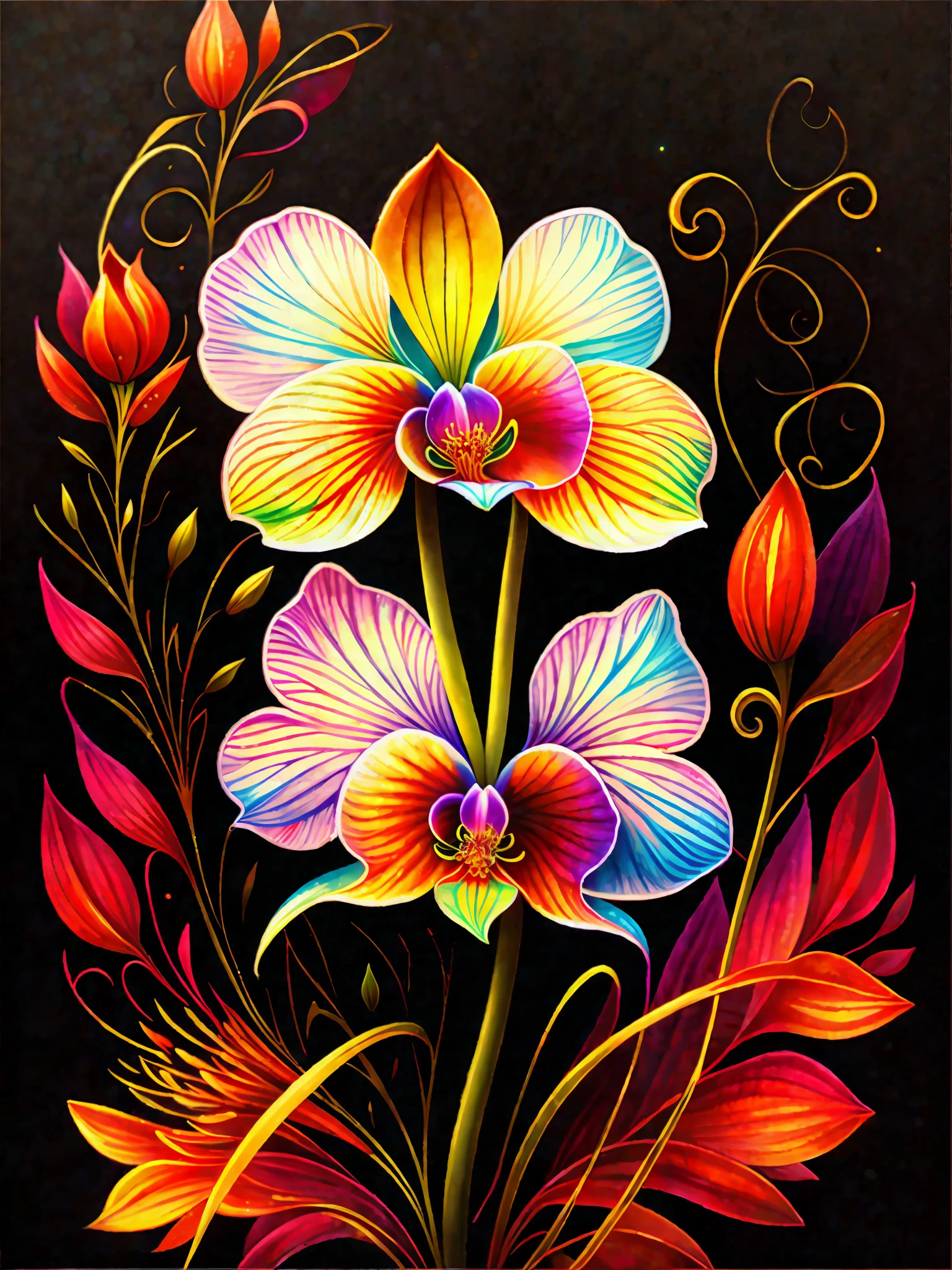 a painting of a colorful orchid on a black background,, breathtaking rendering, within a radiant connection, inspired by Kinuko Y. Craft,, magical elements, icon of an orchid, wow, is beautiful, casting a multi colorful spell, bright flash, flash