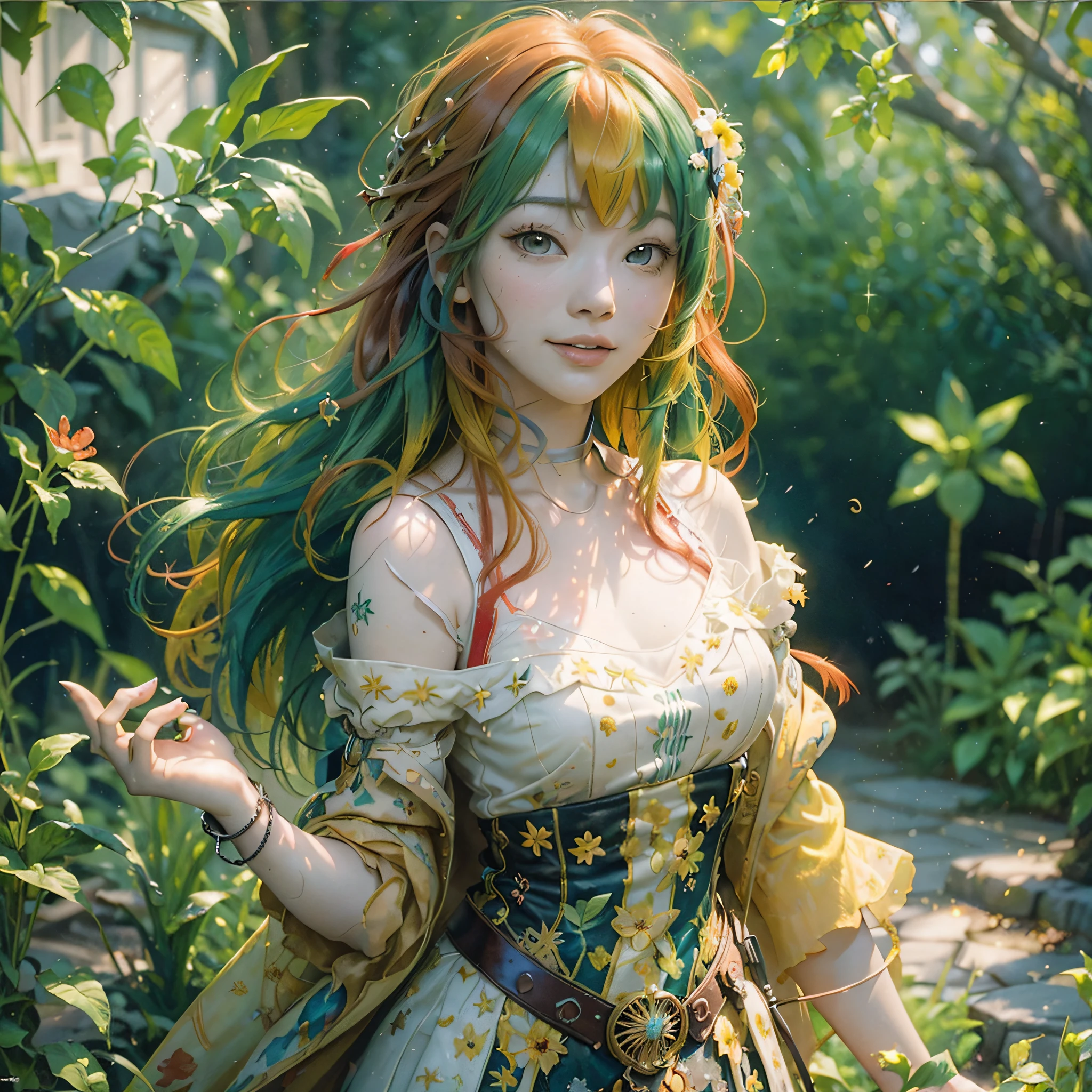 (extremely detailed CG unity 8k wallpaper, masterpiece, best quality, ultra-detailed), (best illumination, an extremely delicate and beautiful), floating, beautiful fantasy world, cute girl with a beautiful face, standing, smiling beautifully, looking at you with black eyes, (1girl), detailed hair with delicate lines, (multicolored_hair+red hair+yellow hair:1.3+green hair:1.3), around her are shining flowers, sparkling water drops, and beautiful scenery, (wide shot, great light and shadow contrast), (watercolor+oil painting), (depth of field+Volumetric Light), can explore this beautiful world with the cute girl. --auto --s2
