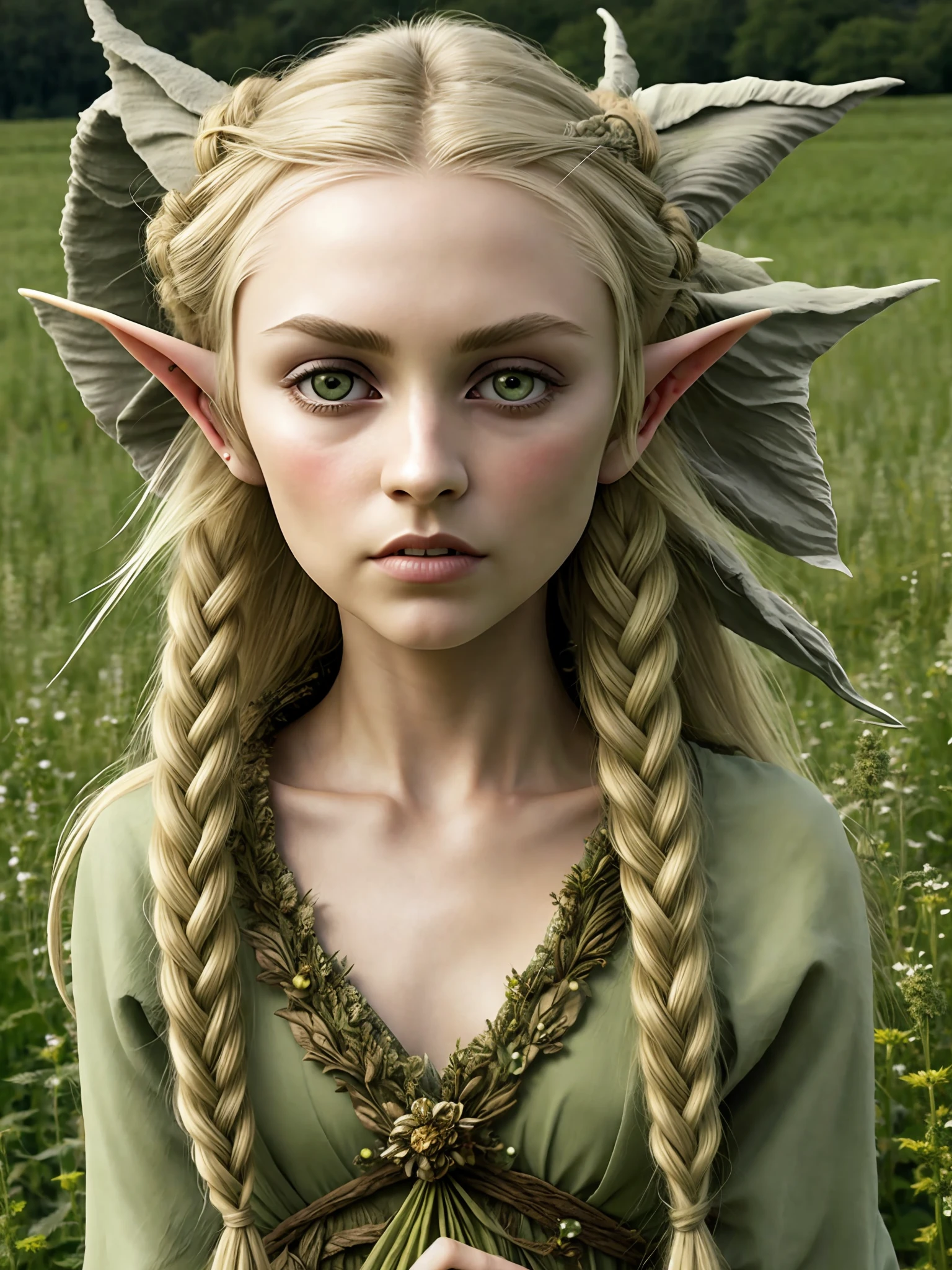 A beautiful Elven ((woman)) highly defined elven features big eyes ,small pokies ((small pokies)) peroxide ((long blonde messy hair)) flowers in hair,(((small pointed ears))), sitting in highly detailed rural french (meadow) setting ,wearing Medieval green cloak and (furs, leathers, and roughly spun cloths, such as hemp or linen). eyeliner, blush, lipstick, art gallery, professional photography, Sony fx6 digital camera, atmospheric, highly detailed, UHD, both eyes the same, masterpiece, high resolution, ultra quality, 16K, skin pores, matte ,(dancing) ,model pose ,Patrick Lichfield, rule of thirds
