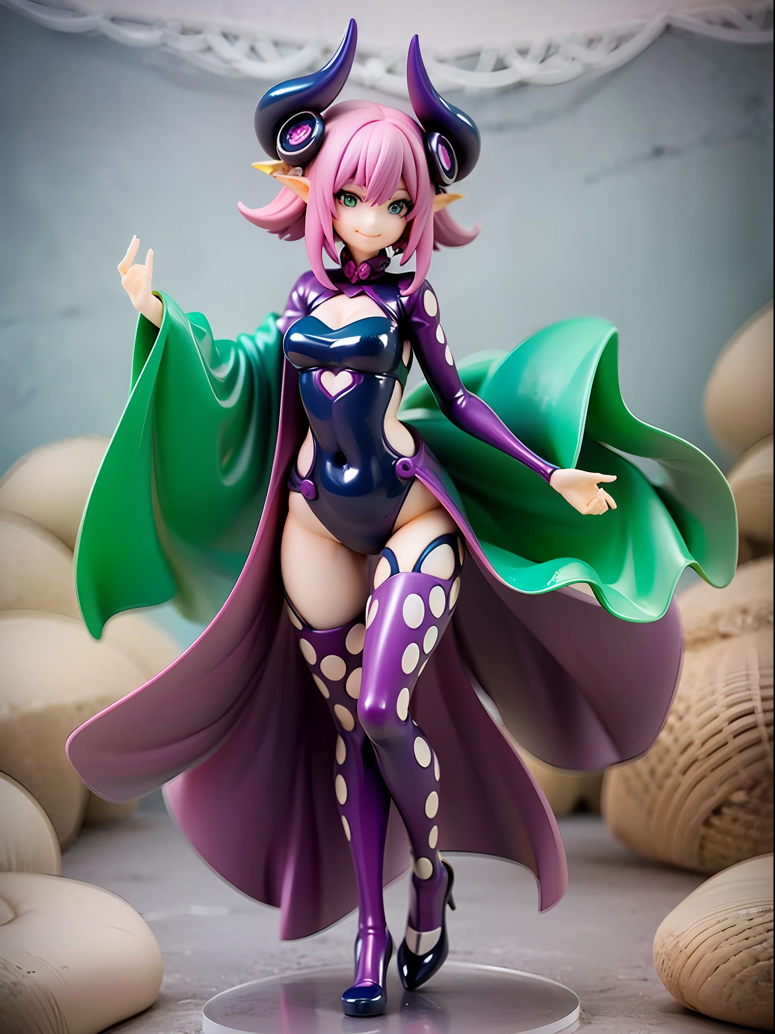 girl with octopus tentacles, short purple hair, beautiful emerald green eyes, closed mouth, exciting pose, smile, full body, unique costume with tentacles, looking forward, deep sea background, black and purple theme, playful and cheerful expression, black and purple costume with tentacles, lively design,